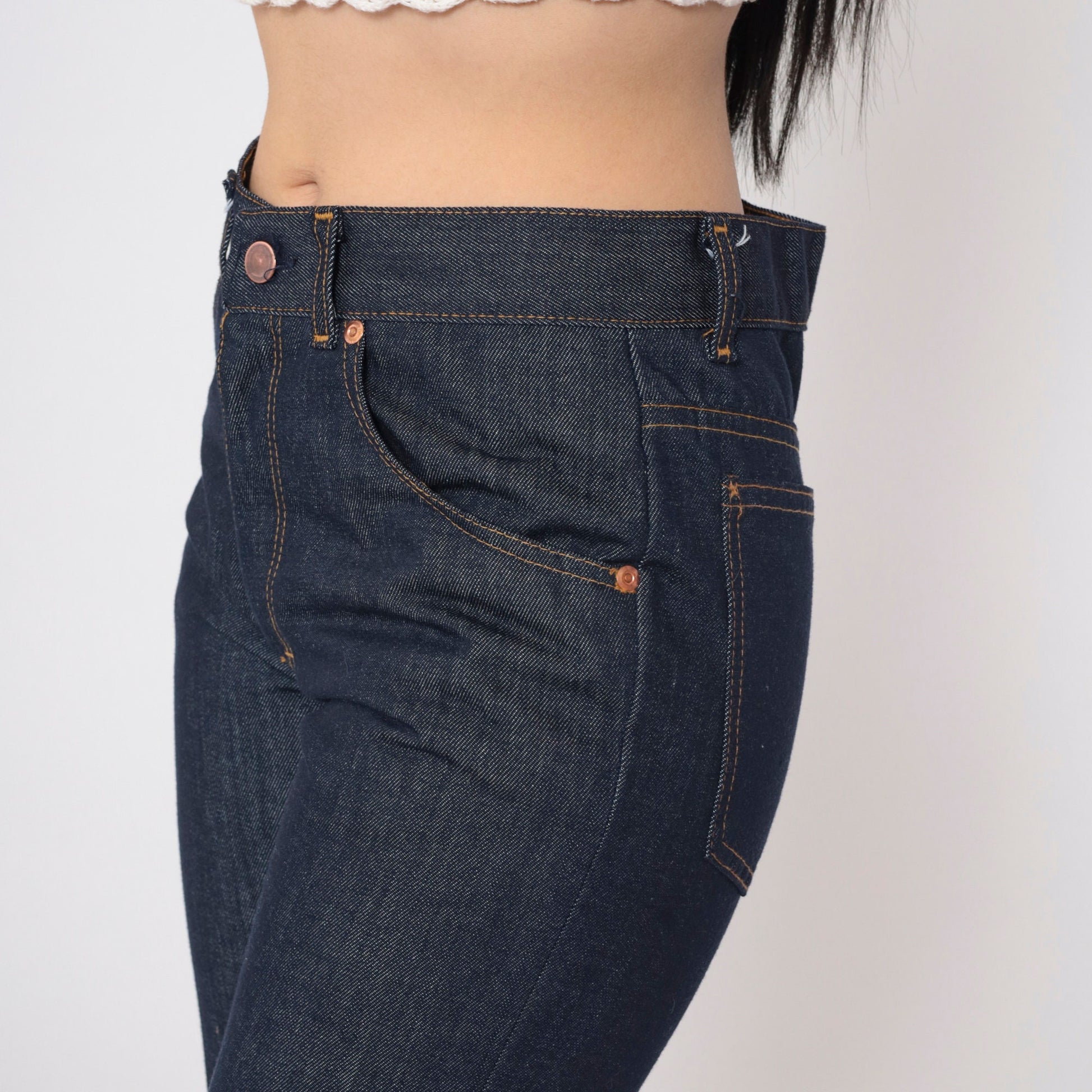 80s Dark Blue Flared Denim Jeans Mid Rise Orange Topstitch Small S