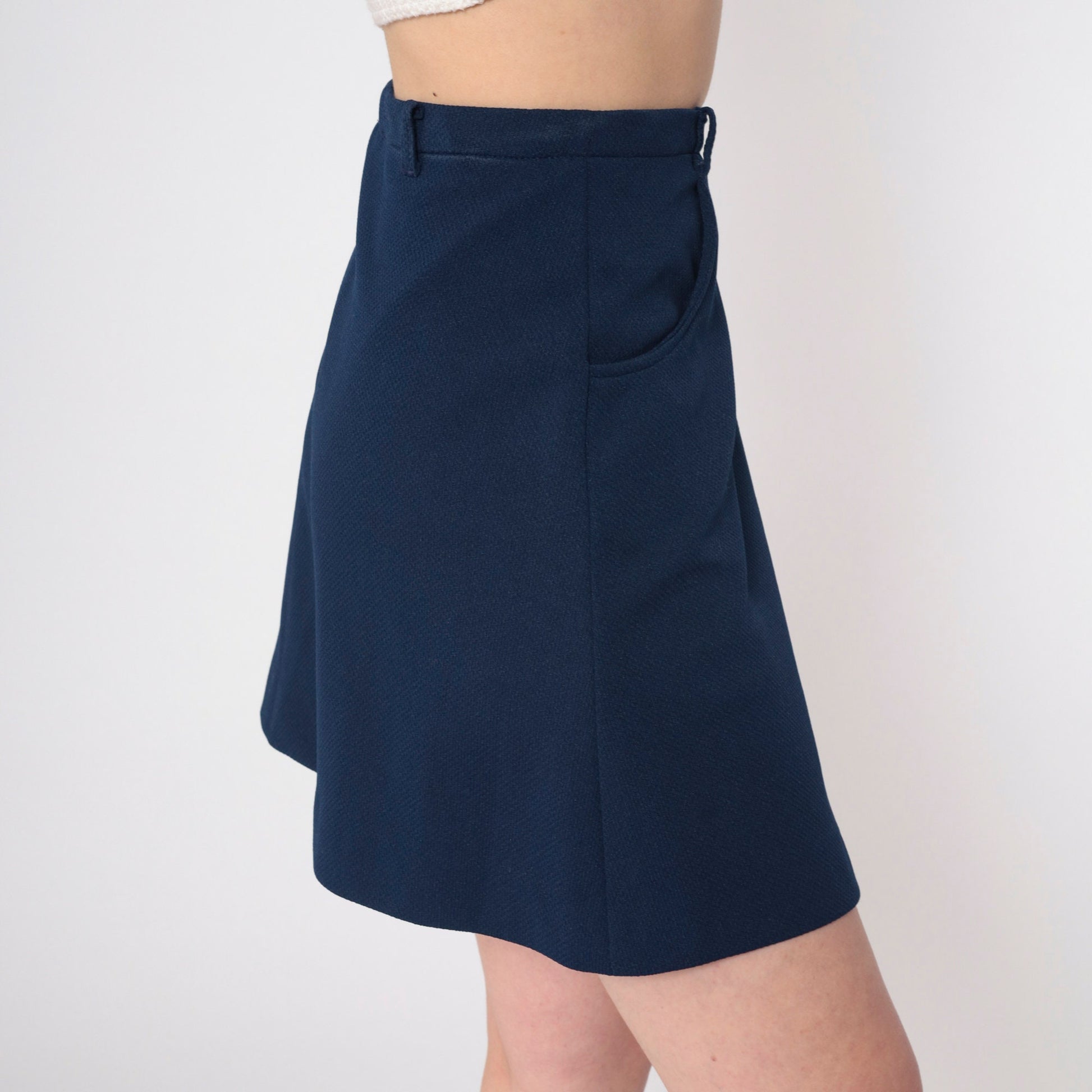 70s Navy Blue Mini Skort Pleated A-Line High Waisted Medium M