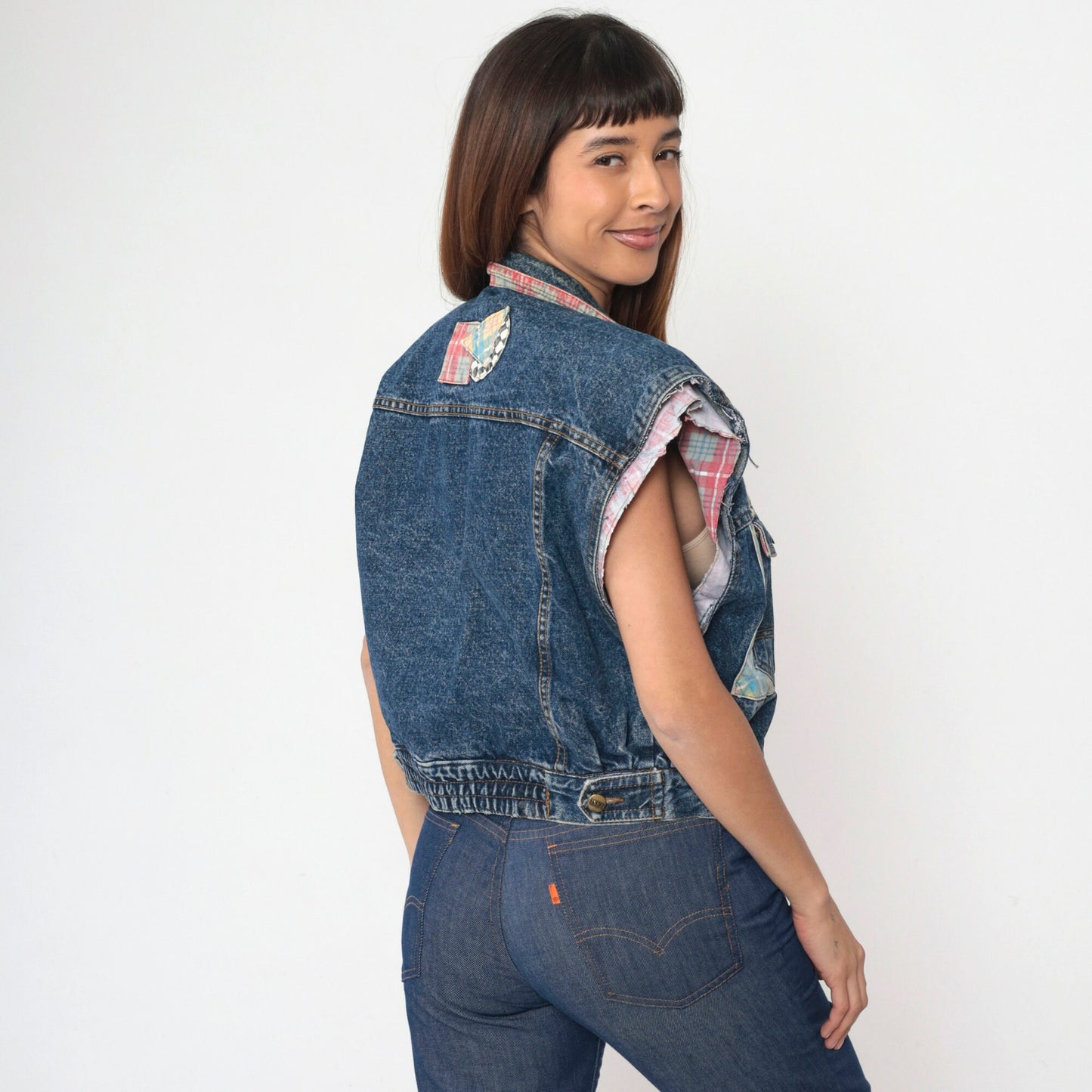 90s Denim Vest Plaid Patchwork Cutoff Blue Jean Sleeveless Medium