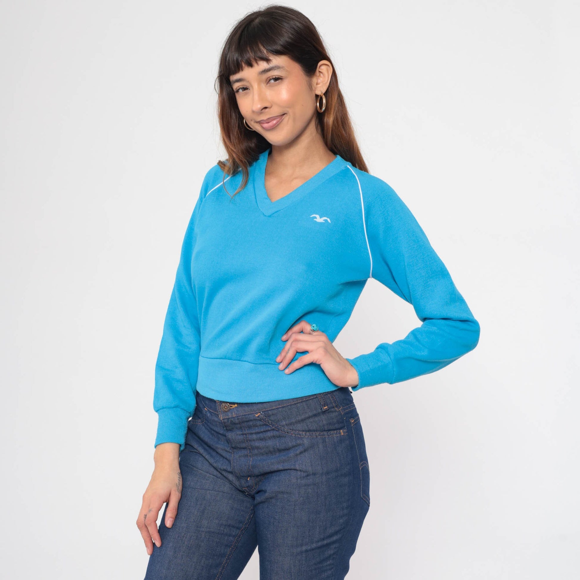 80s Wrangler Bird Logo Raglan Sweatshirt Bright Blue V-Neck Extra Small