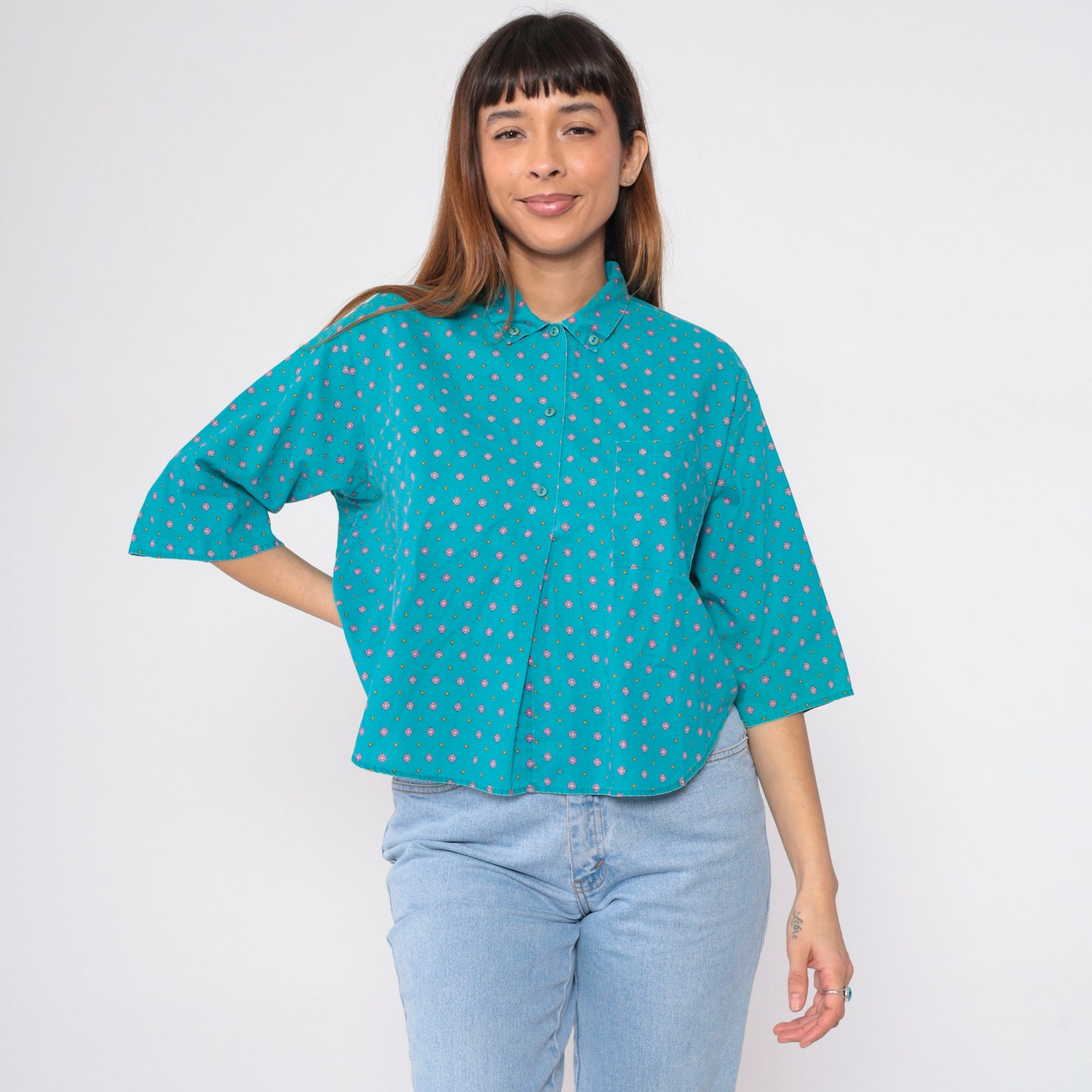 90s Geometric Floral Button-Up Blouse Turquoise Diamond Print Half Sleeve Large L
