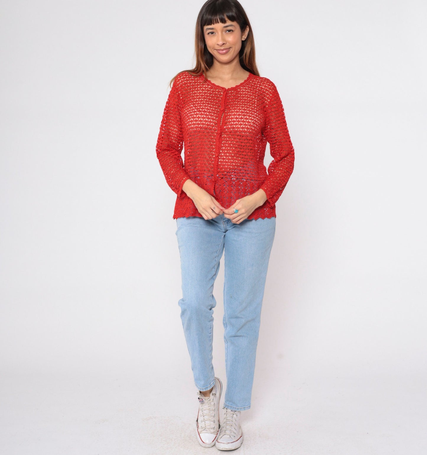 90s Red Crochet Cardigan Floral Cutout Button-Up Sweater Large L