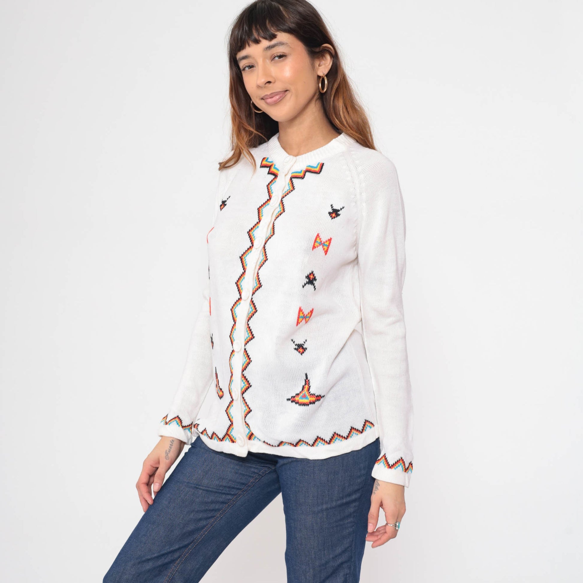 60s White Geometric Zig Zag Cardigan Raglan Sleeve Knit Small