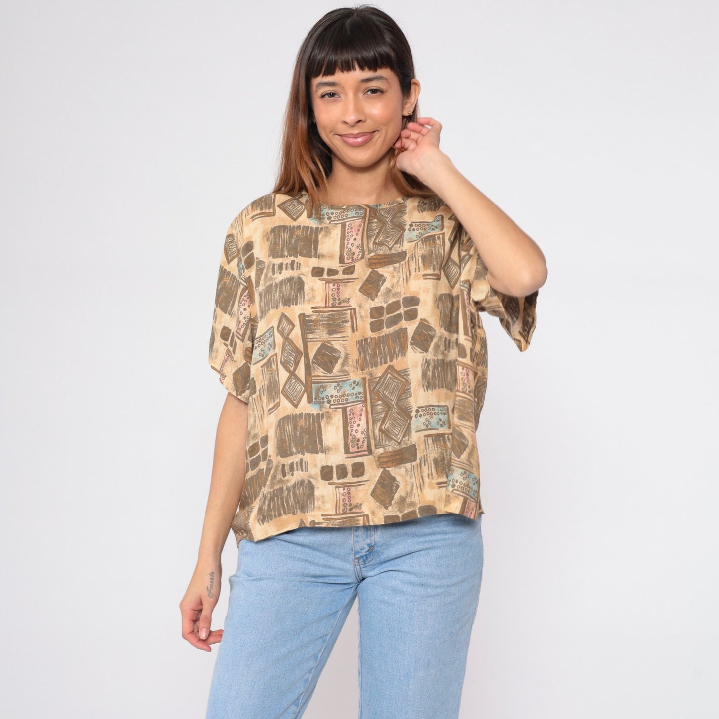 90s Sag Harbor Geometric Abstract Blouse Tan Short Sleeve Extra Large XXL