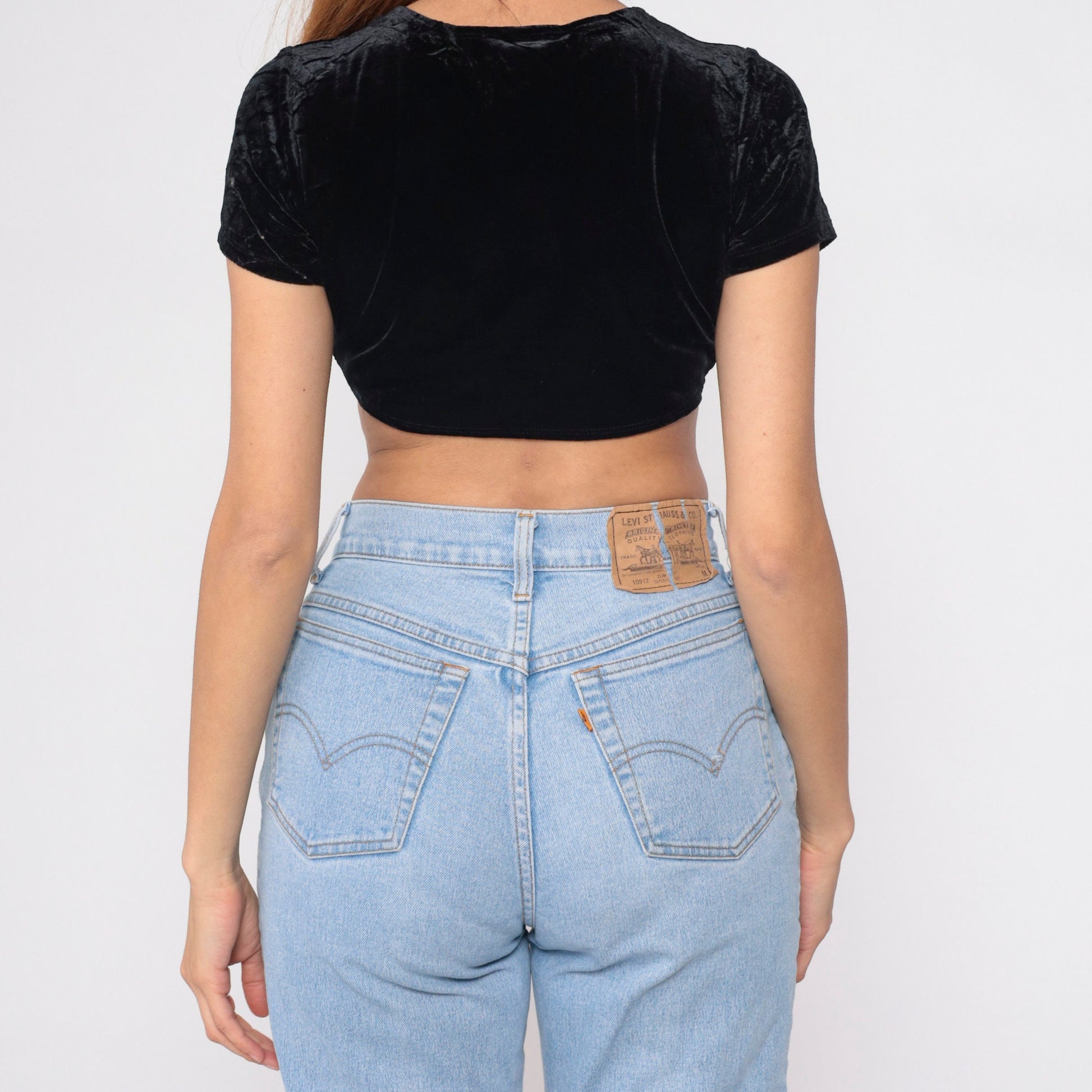 90s Black Velvet Crop Top Tie Front Short Sleeve Extra Small XS