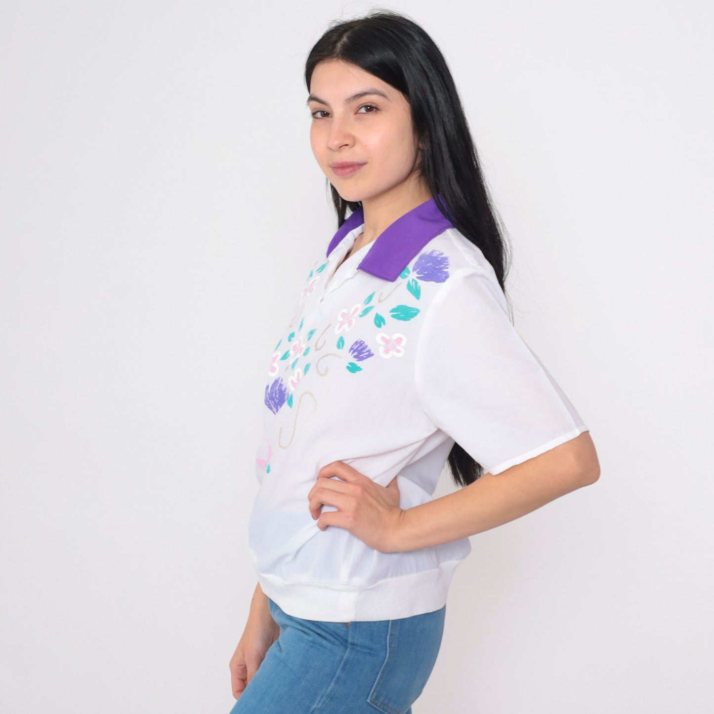 80s White Glitter Floral Shirt Purple Collar Short Sleeve Polo Top Medium