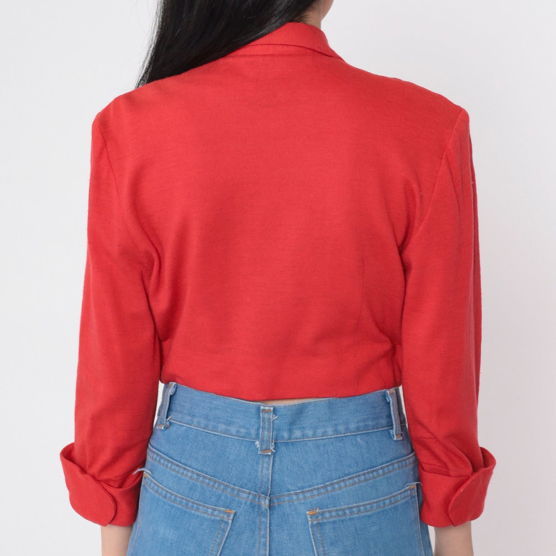 60s Red Wool Cropped Blazer Jacket Rhinestone Buttons 3/4 Sleeve Small S