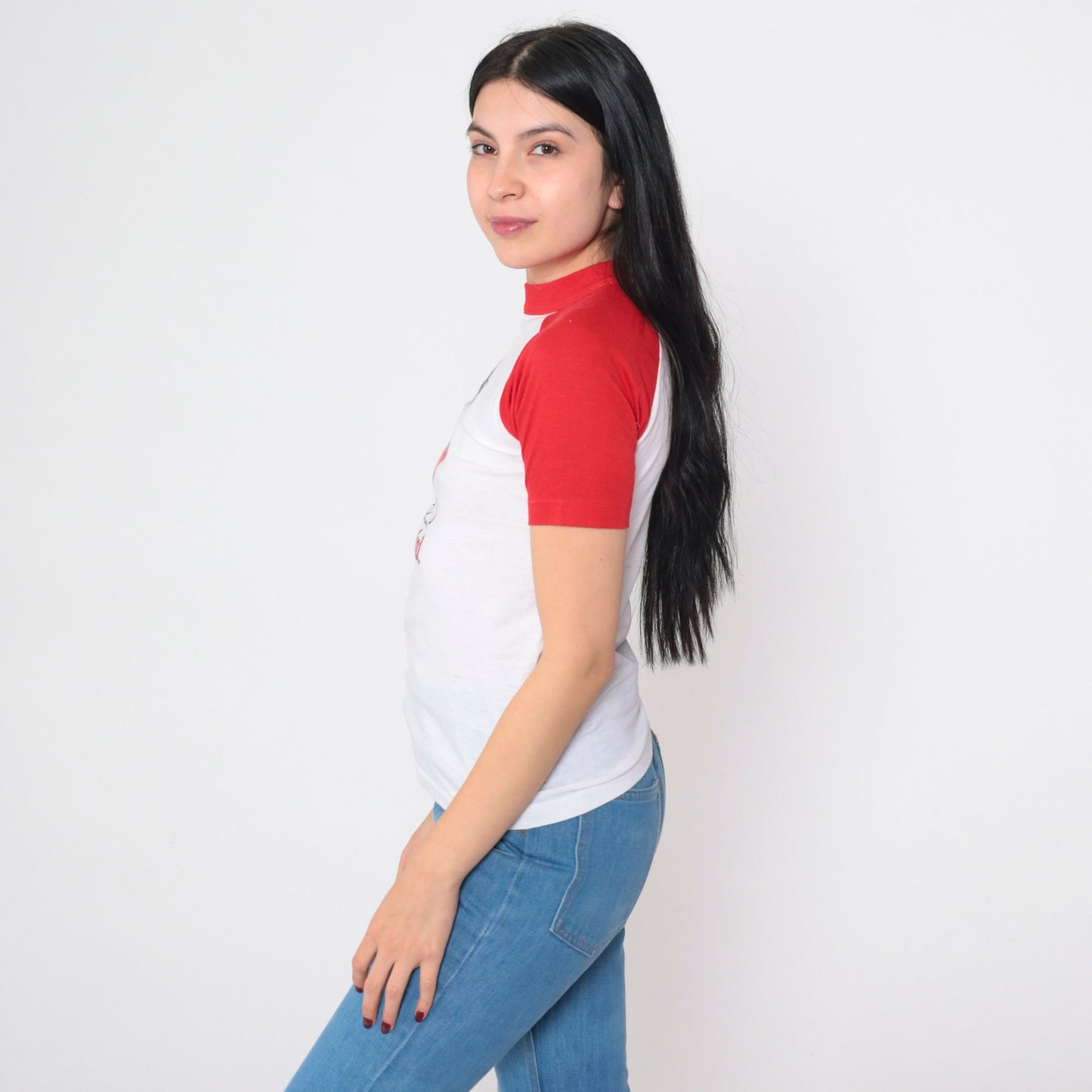 80s Disneyland Mickey Mouse Raglan T-Shirt White Red Graphic Cotton Extra Small XS