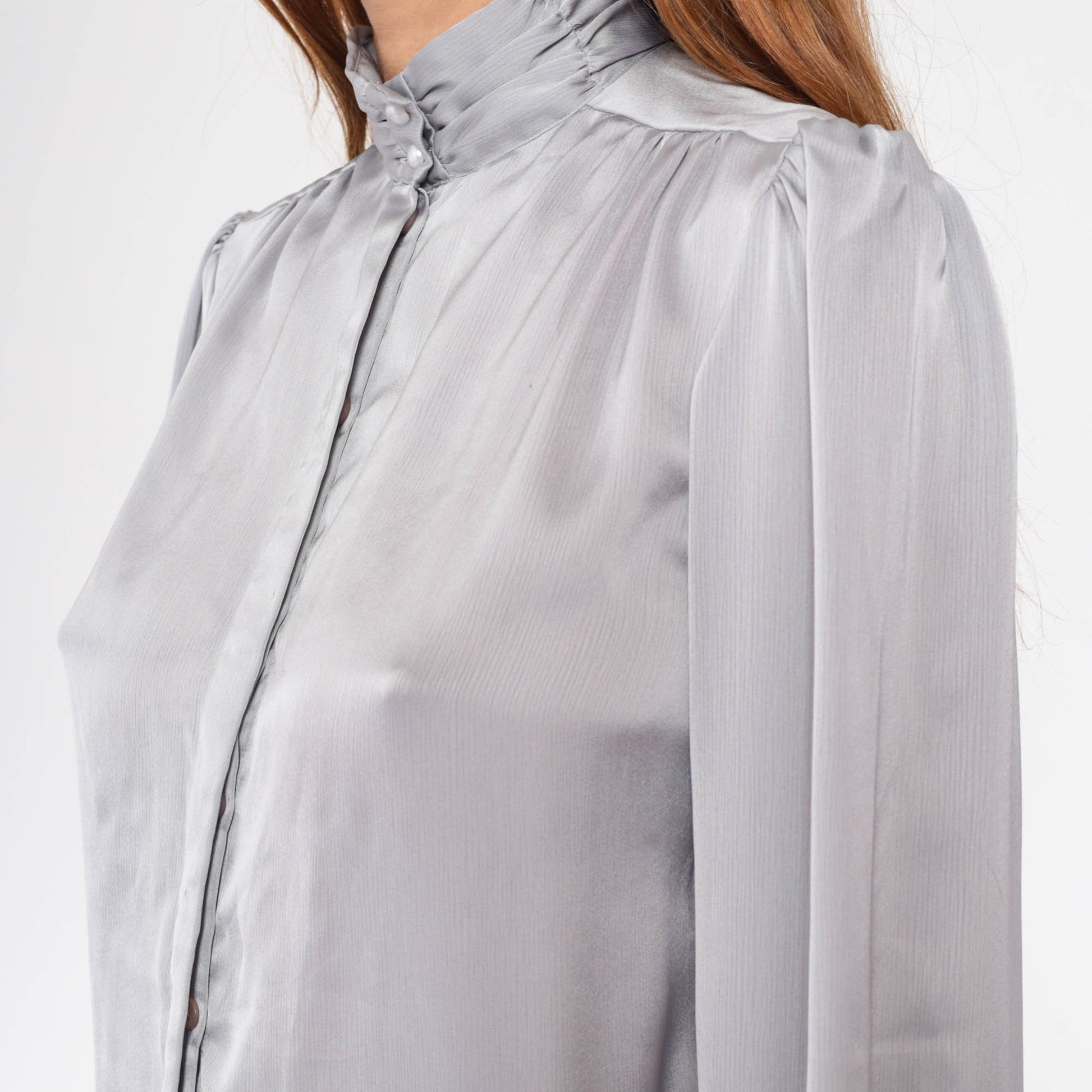 80s Silver Grey Puff Sleeve Blouse Pearl Button Mock Neck Medium