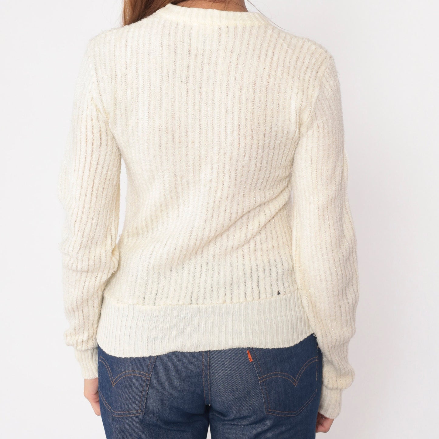 70s Terry Cloth V-Neck Sweatshirt Cream Ribbed Pullover XS