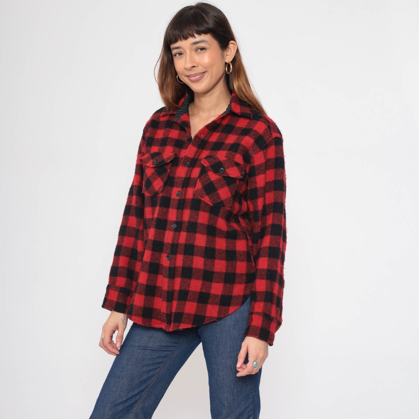 80s Woolrich Buffalo Plaid Wool Shirt Red Black Button Up Medium