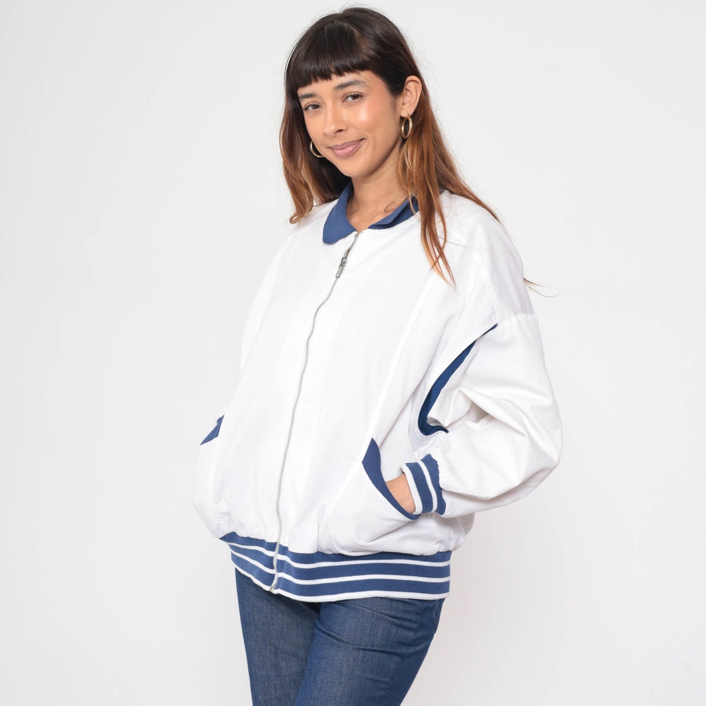80s White Windbreaker Jacket Dark Blue Stripes Full Zip Track Jacket Extra Large XL
