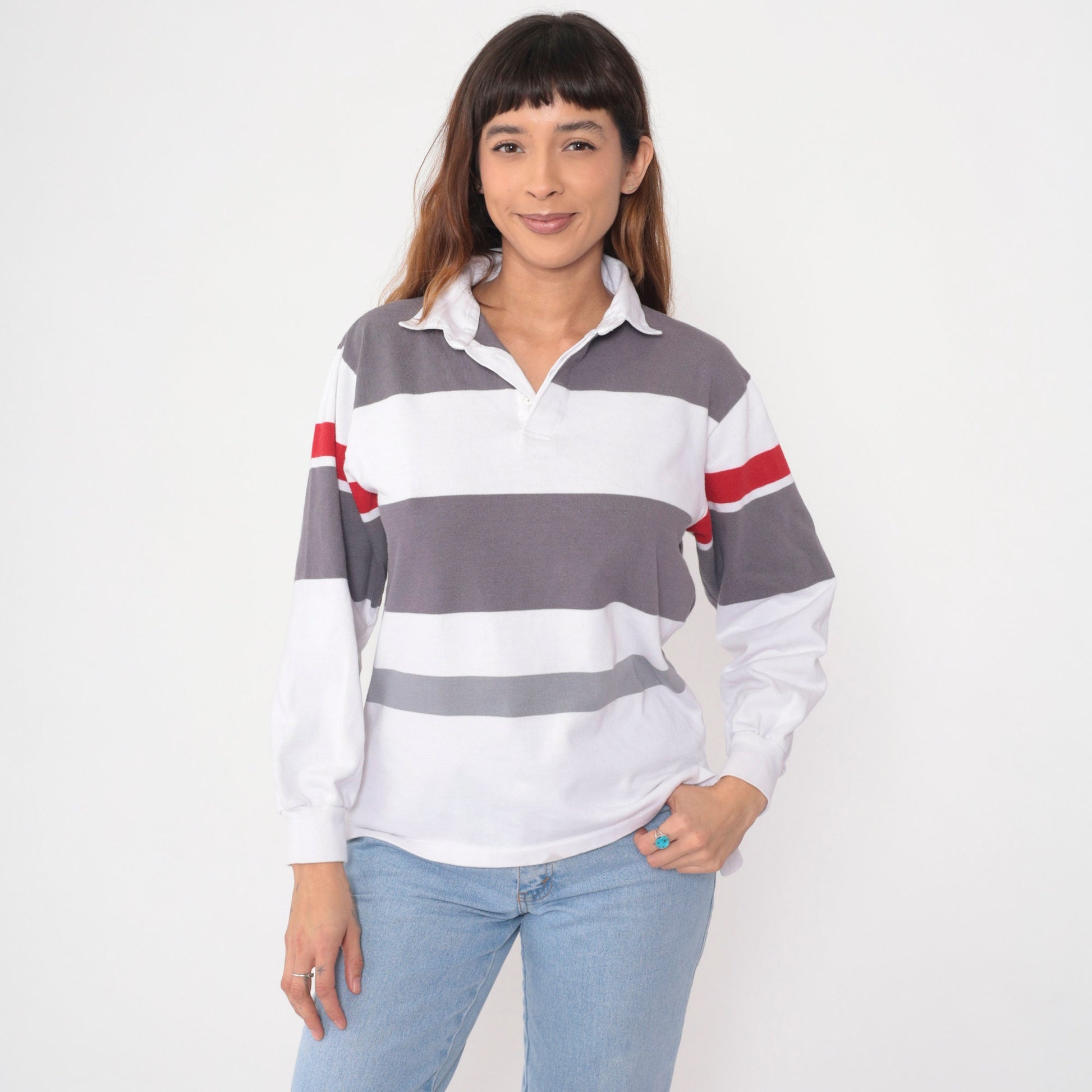 90s Shore Club Striped Rugby Shirt White Grey Red Long Sleeve Polo Medium