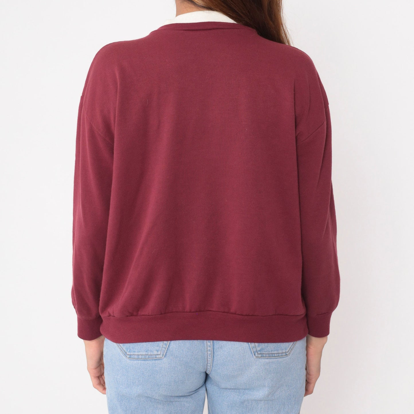 90s Burgundy Floral Sweatshirt Double Collar Crewneck Pullover Large L
