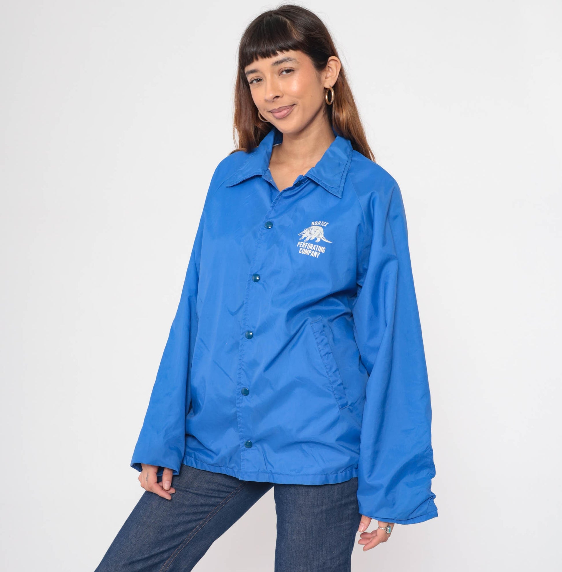 80s Nortex Perforating Company Armadillo Snap Windbreaker Blue Jacket Men's Large