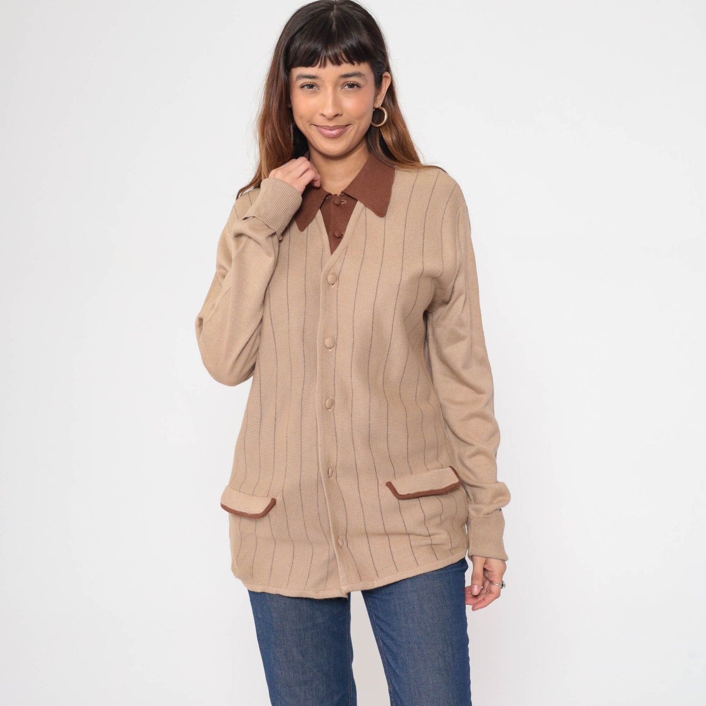 70s Berchielli Striped Cardigan Tan Brown Collared Button-Up Knit Medium