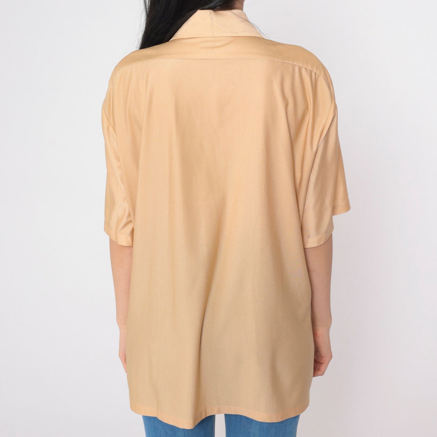 70s Ohrbach's Tan Nylon Button-Up Shirt Pointed Collar Short Sleeve Large