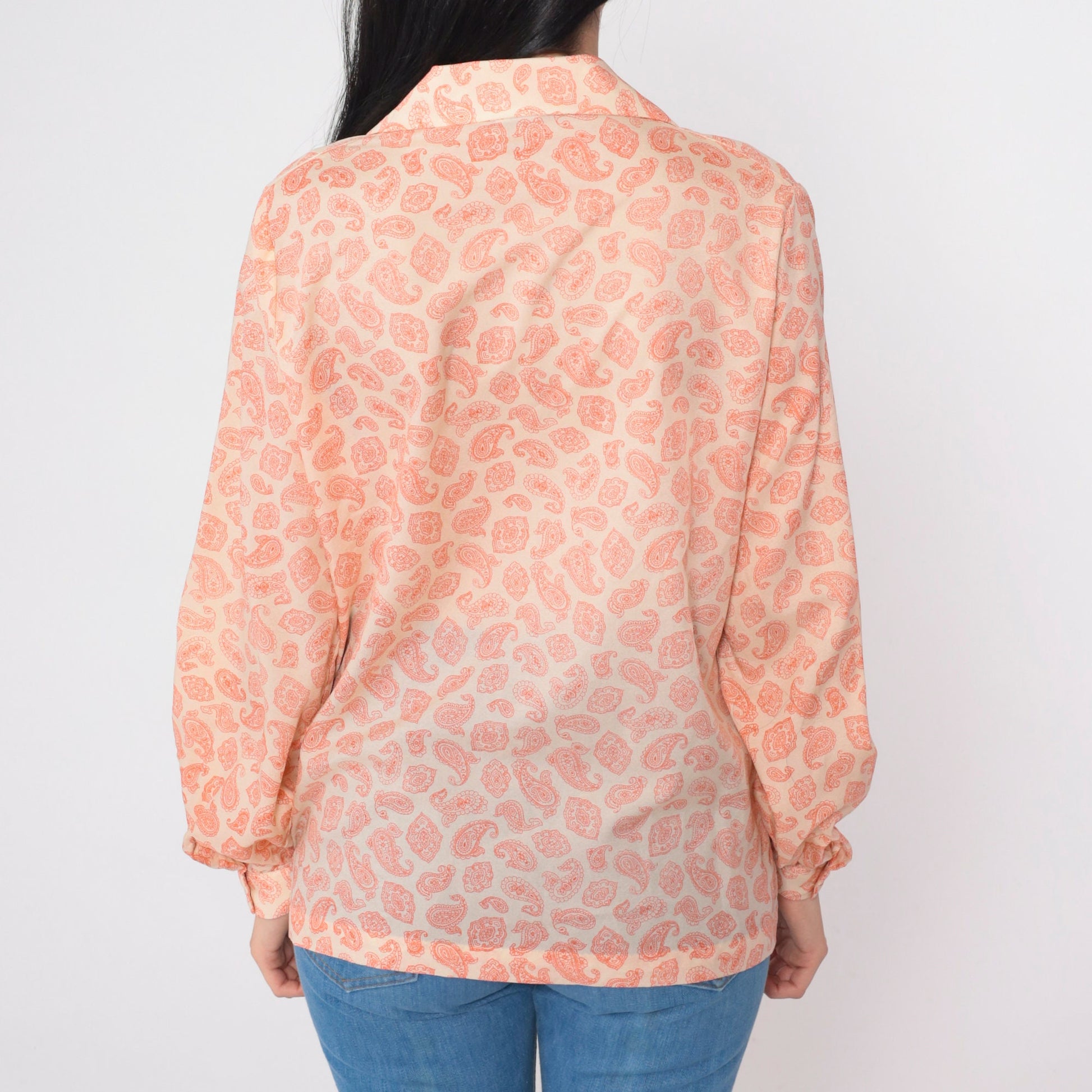 70s Paisley Button-Up Blouse Long Sleeve Notched Collar Disco Print Large L