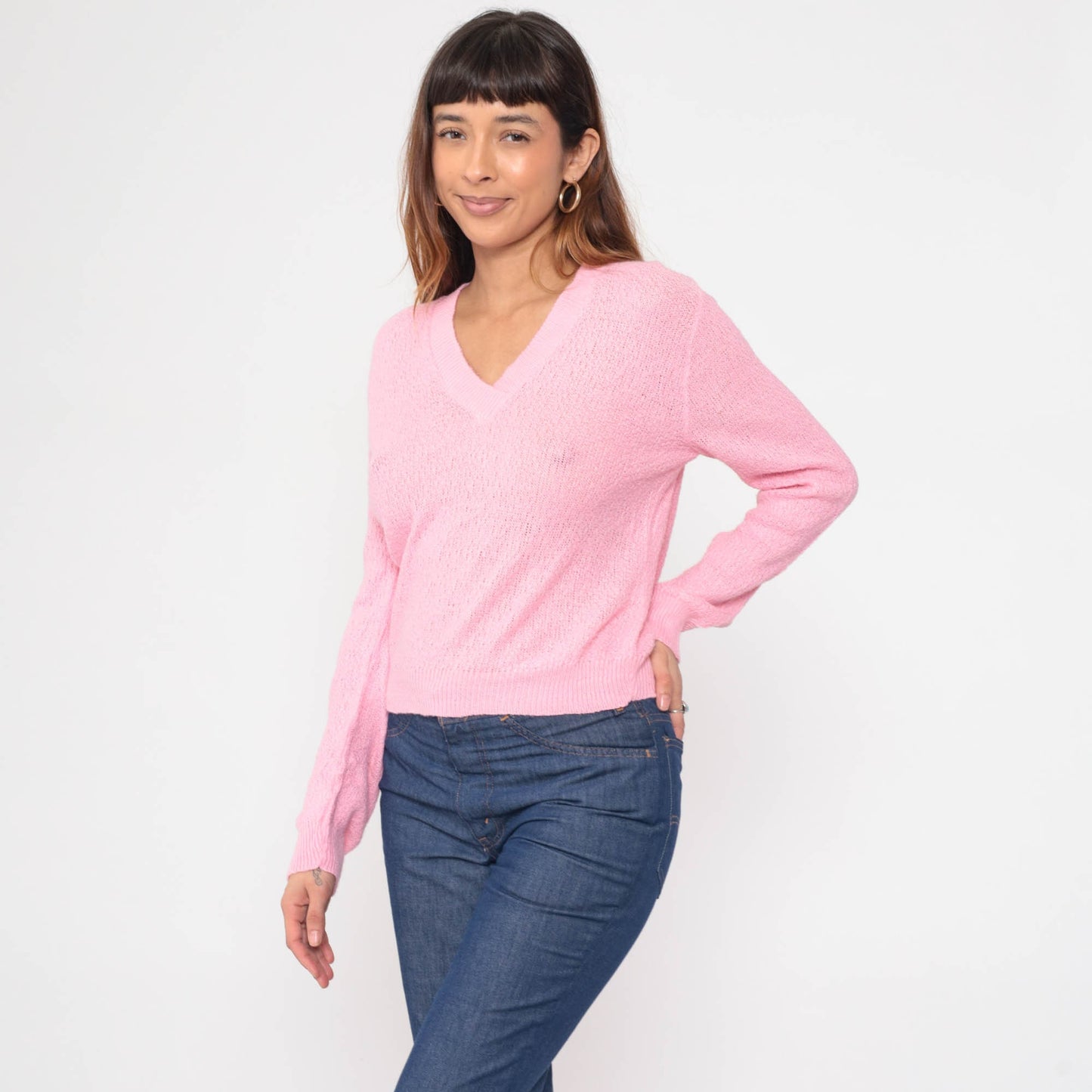 80s Bel Ami Pink V-Neck Knit Sweater Semi-Sheer Pullover Small