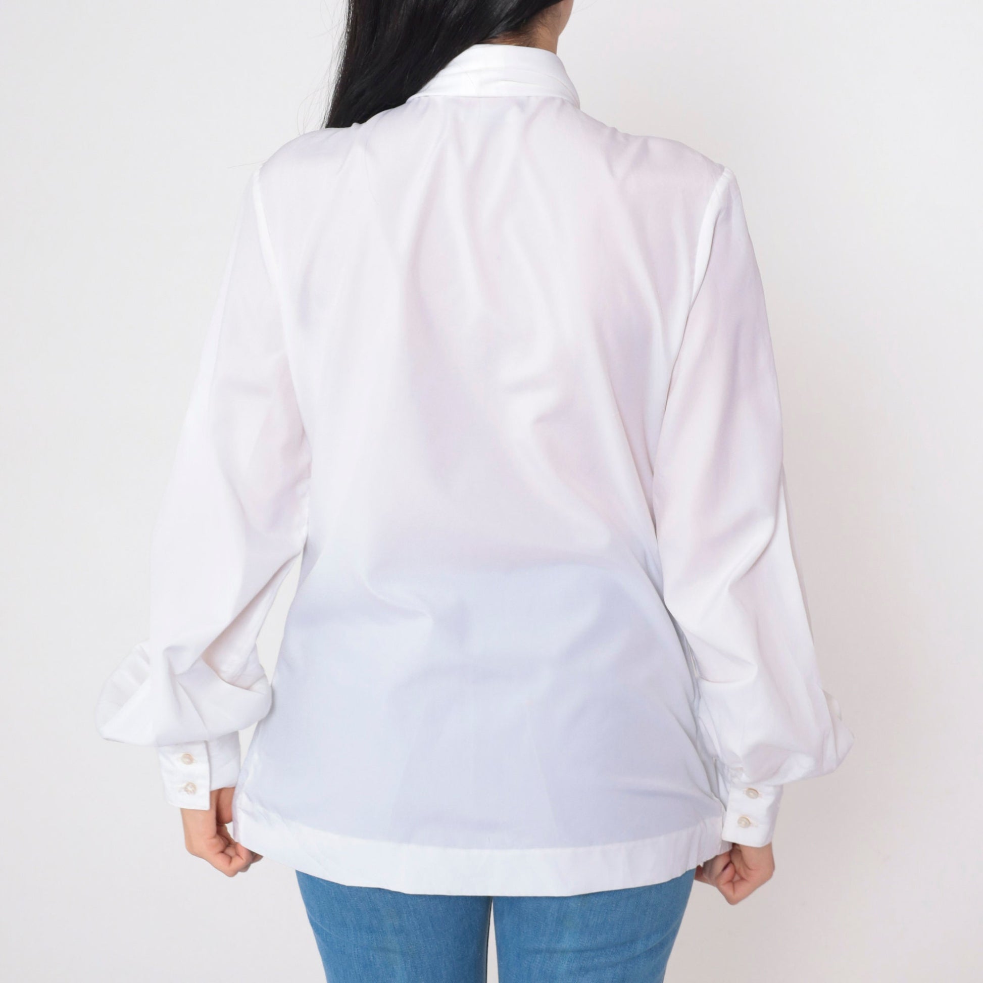 80s Evan Picone White Button-Up Blouse Attached Necktie Long Sleeve Large