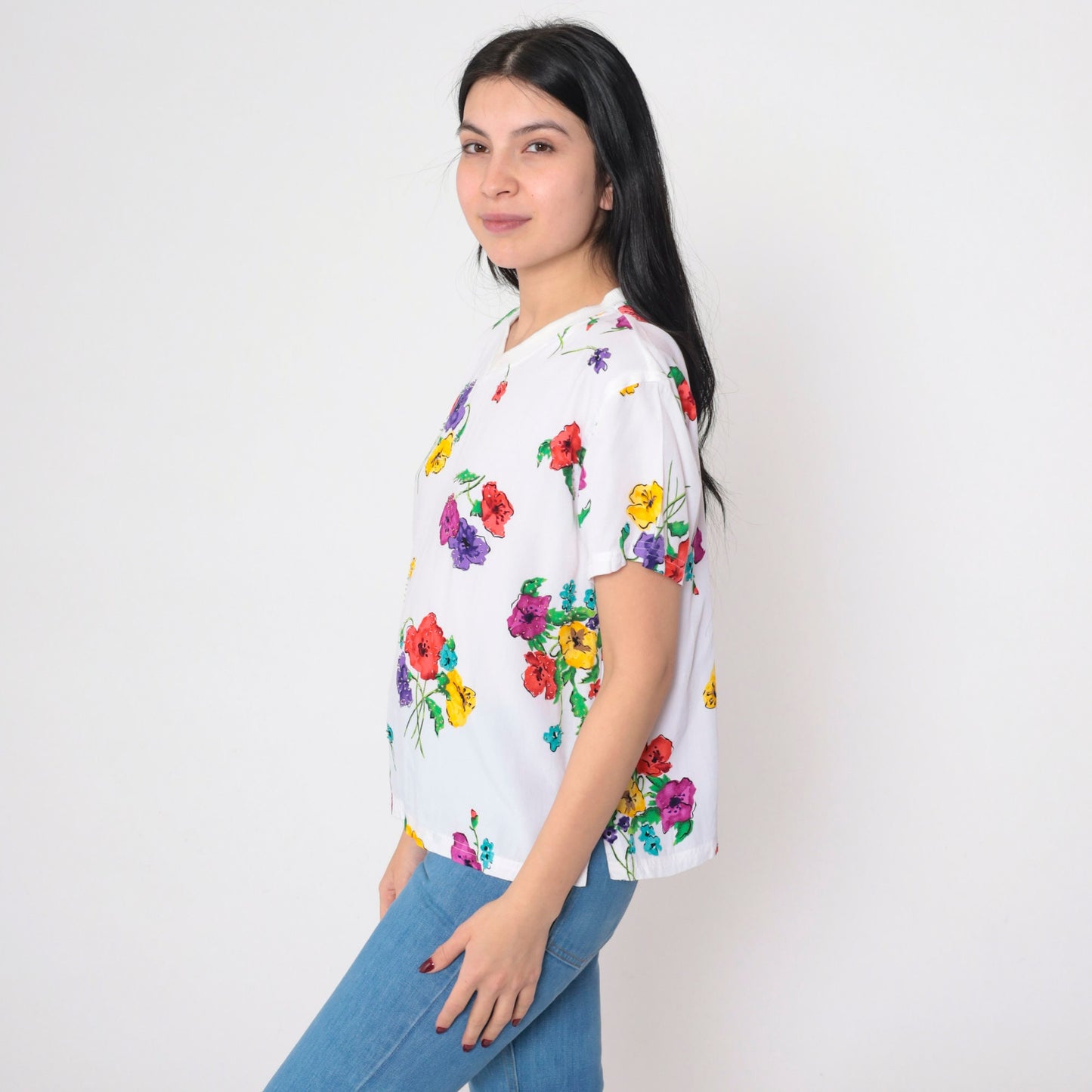 90s Carole Little Floral Beaded V-Neck T-Shirt White Graphic Tee Small S