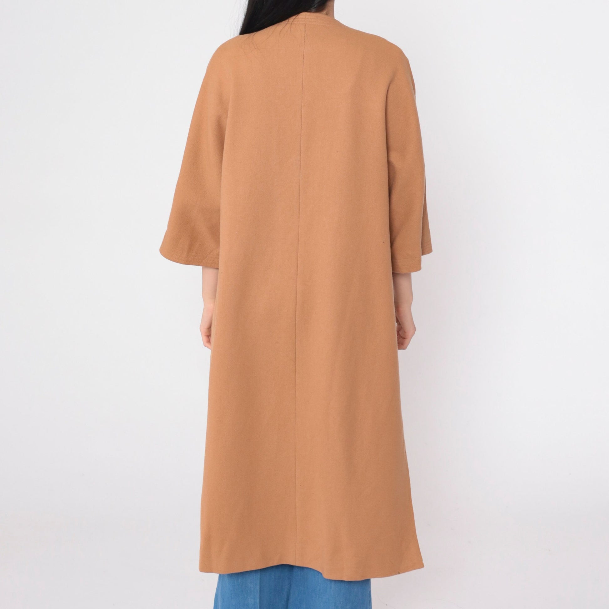 80s Tan Wool Jacket Open Front 3/4 Sleeve Longline Coat Small Medium