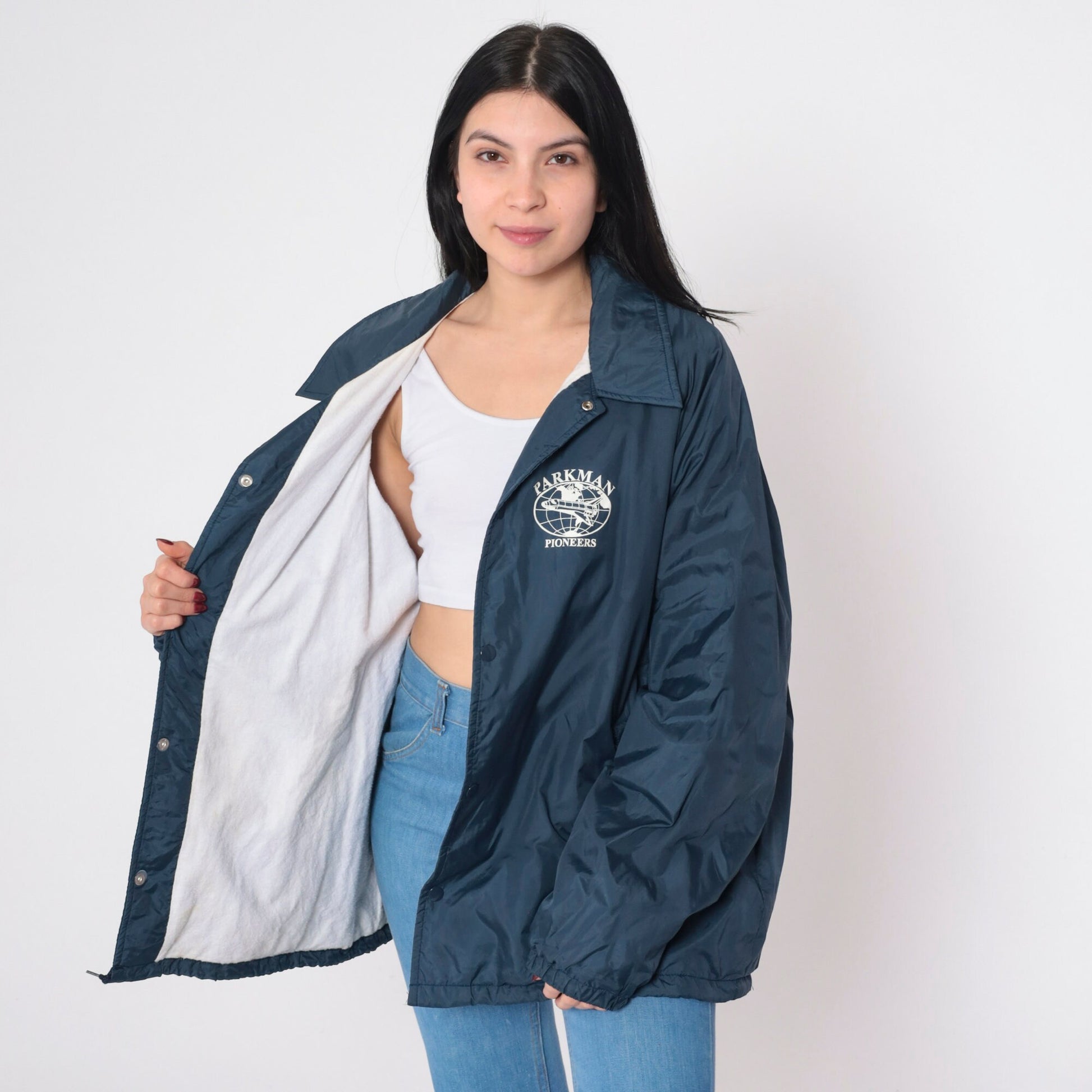 80s Parkman Pioneers Airplane Logo Navy Windbreaker Jacket Extra Large