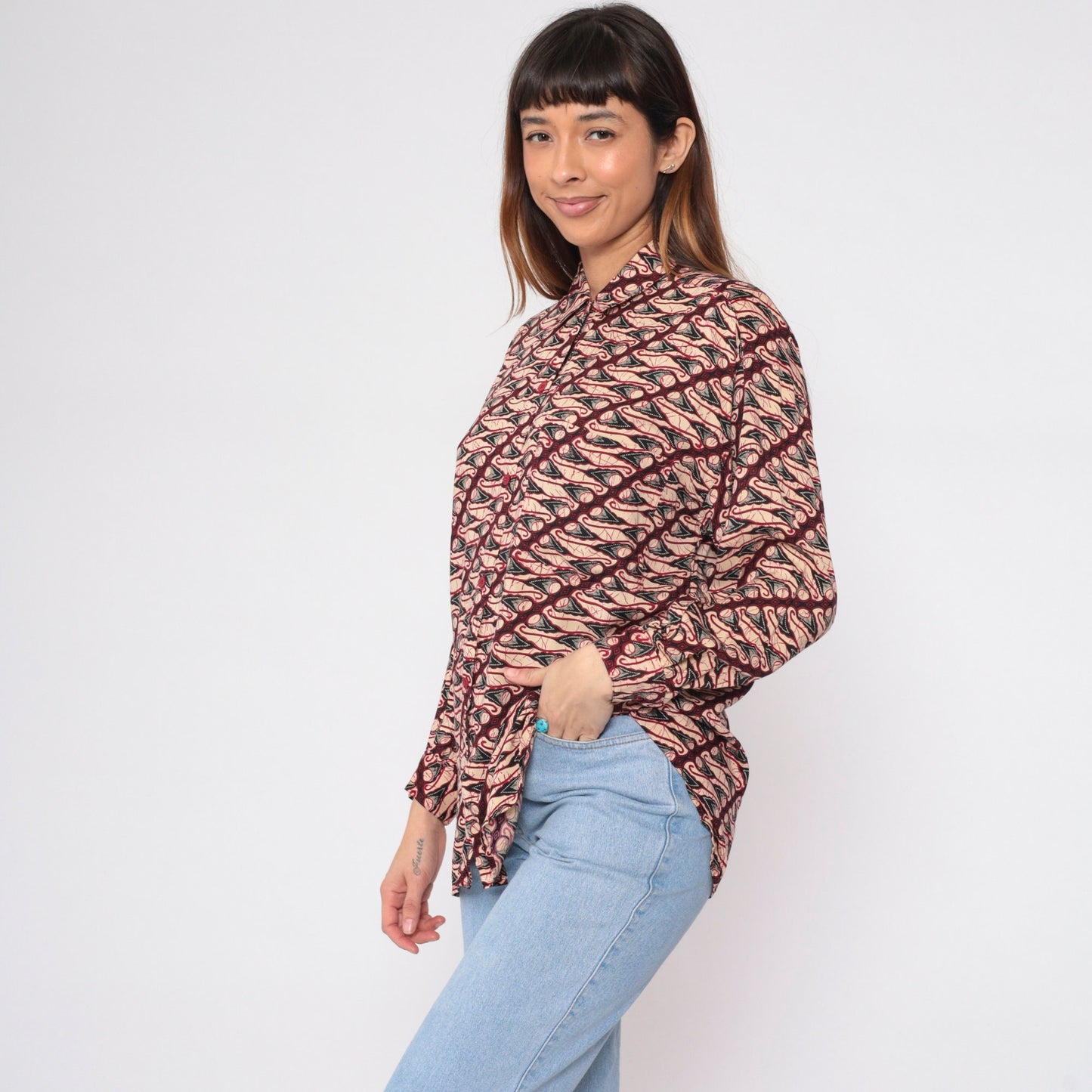 90s Geometric Abstract Button Up Blouse Red Tan Patterned Medium