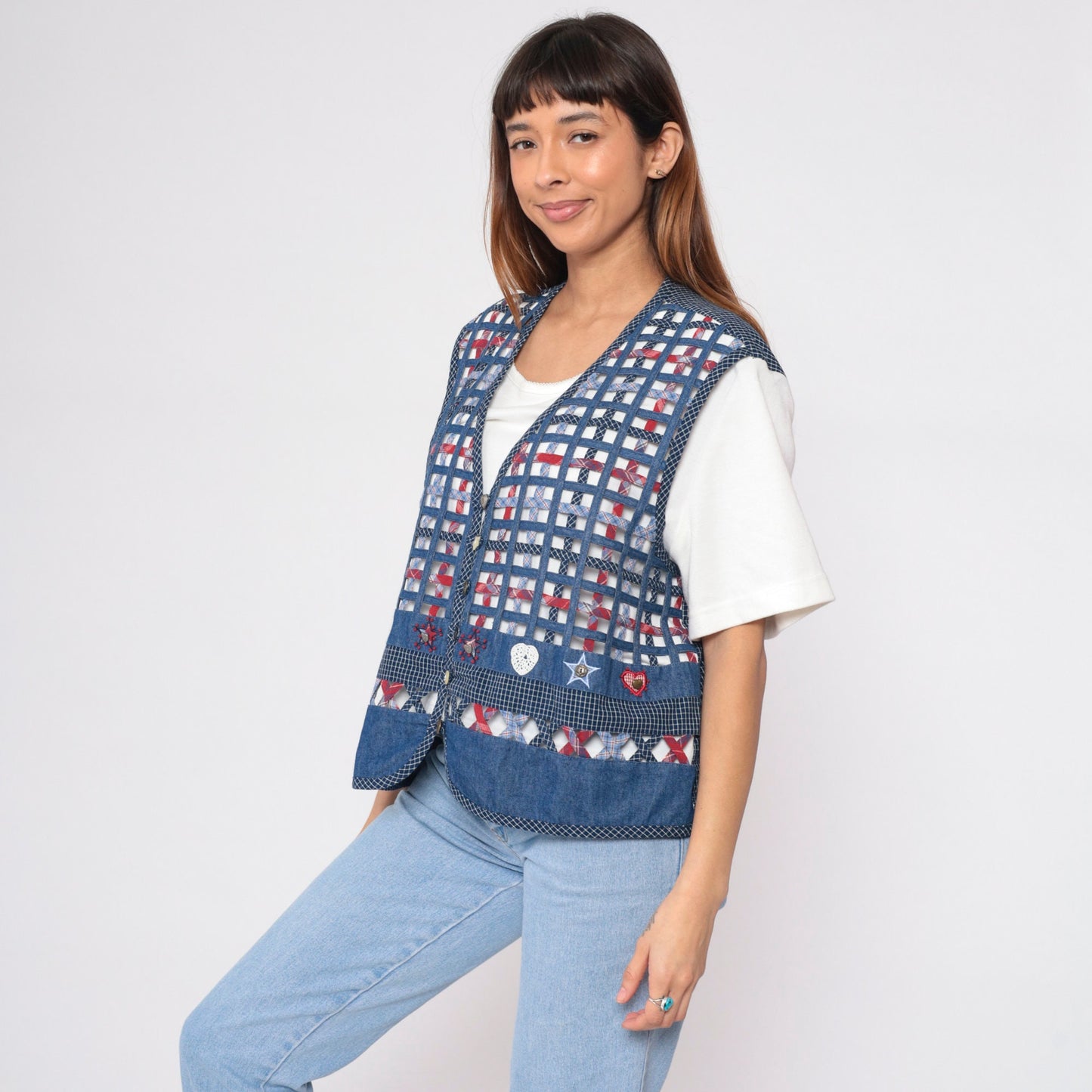 90s Koret City Blues Checkered Vest Blouse White Cotton Button Up Extra Large XXL