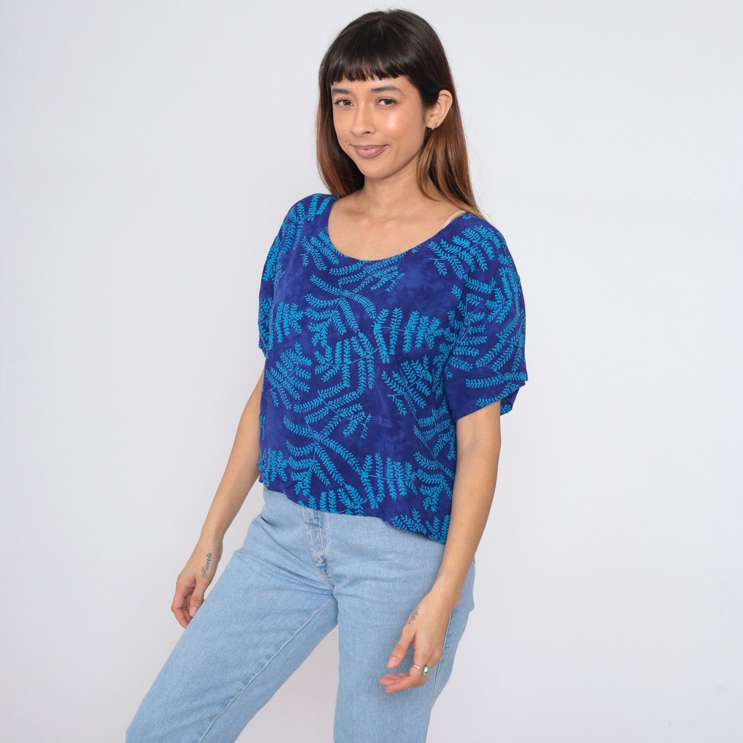 90s Global Village Tropical Leaf Scoop Neck Blouse Blue Short Sleeve Small