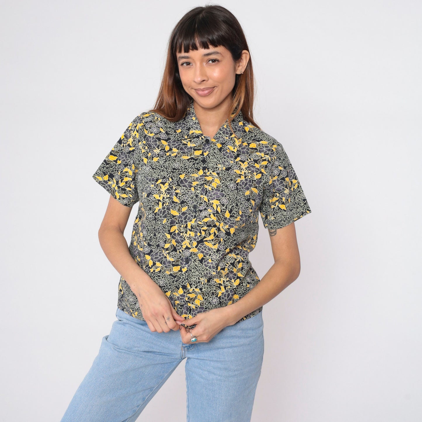 90s Black Floral Button-Up Blouse Yellow Purple Print Short Sleeve Small