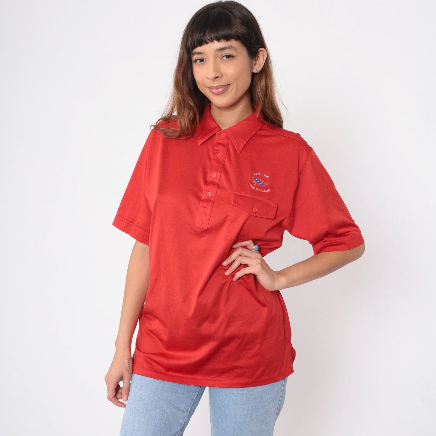 80s Aeolian Yacht Club Polo Shirt Red Embroidered Crest Alameda California Large