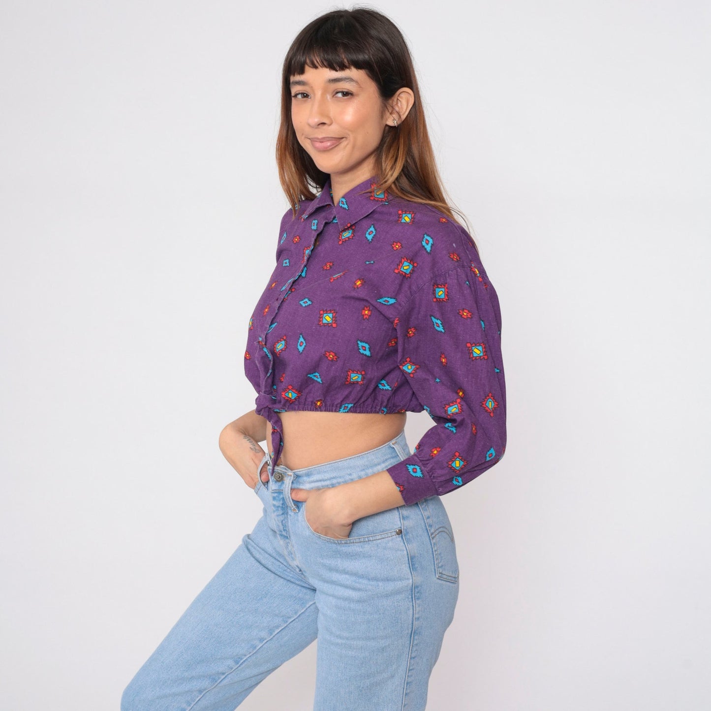 90s Arizona Jean Company Southwestern Crop Top Purple Button-Up Medium