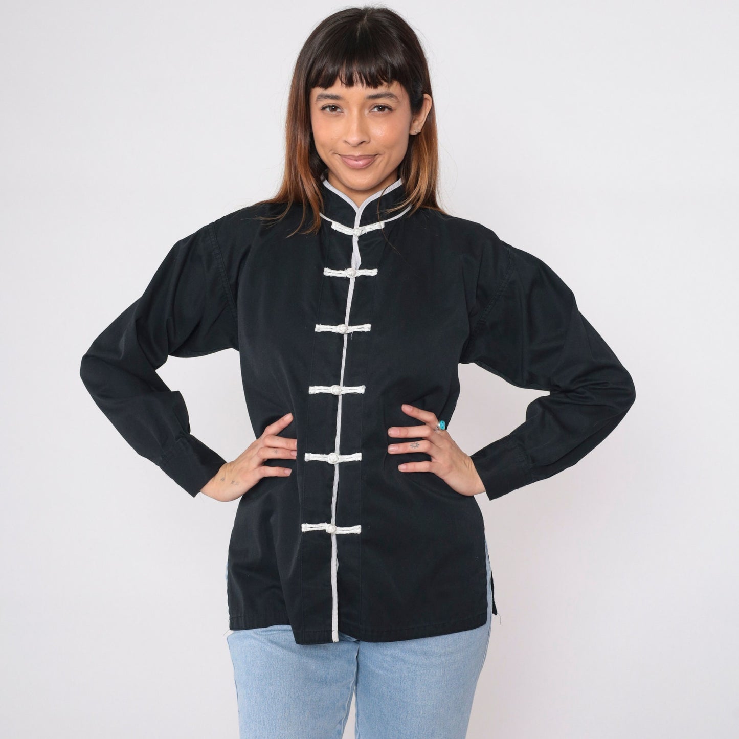 90s Black Button-Up Blouse with White Trim and Frog Knot Closure Small S