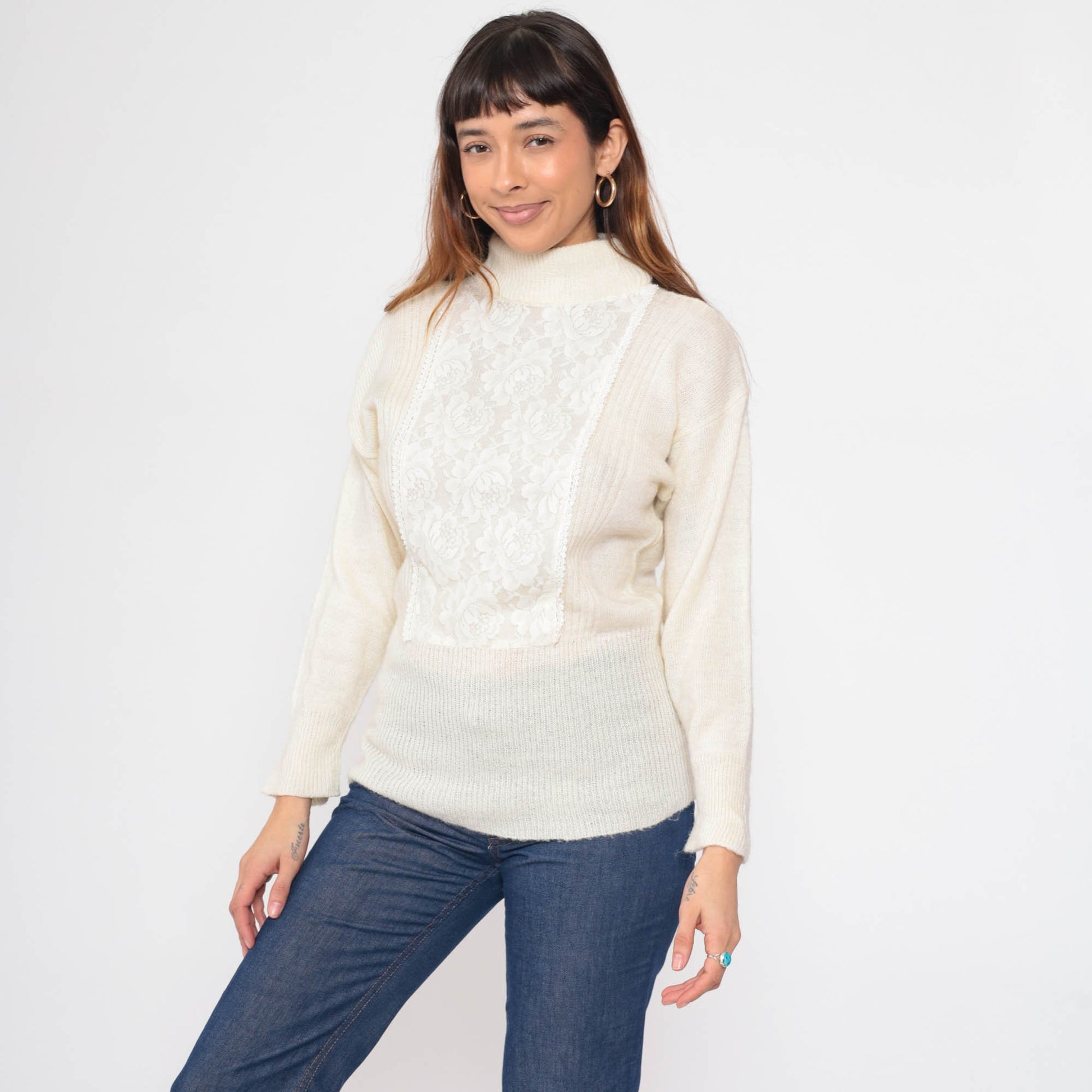70s Jack Winter Cream Lace Mock Neck Sweater Knit Pullover Extra Small