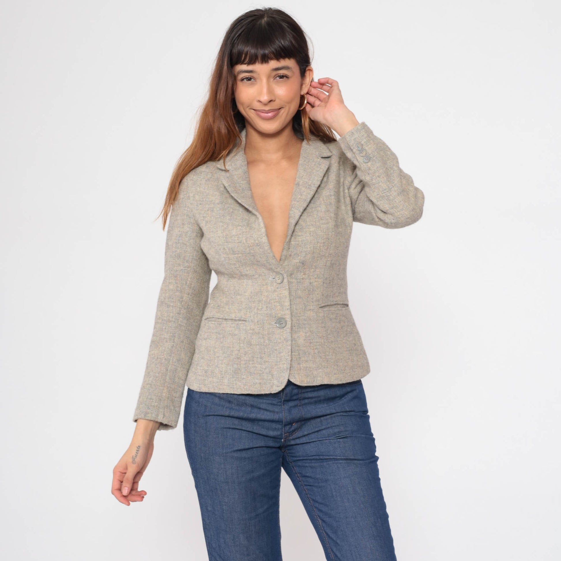 80s Wool Blazer Flecked Grey V-Neck Tailored Jacket Small S