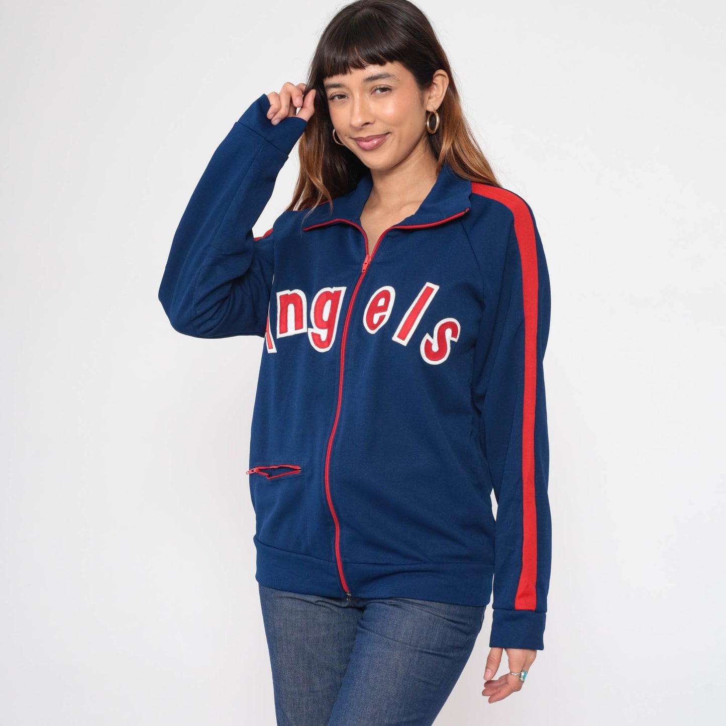 80s Los Angeles Angels Baseball Jacket Dark Blue Red Stripe Wool Blend Small