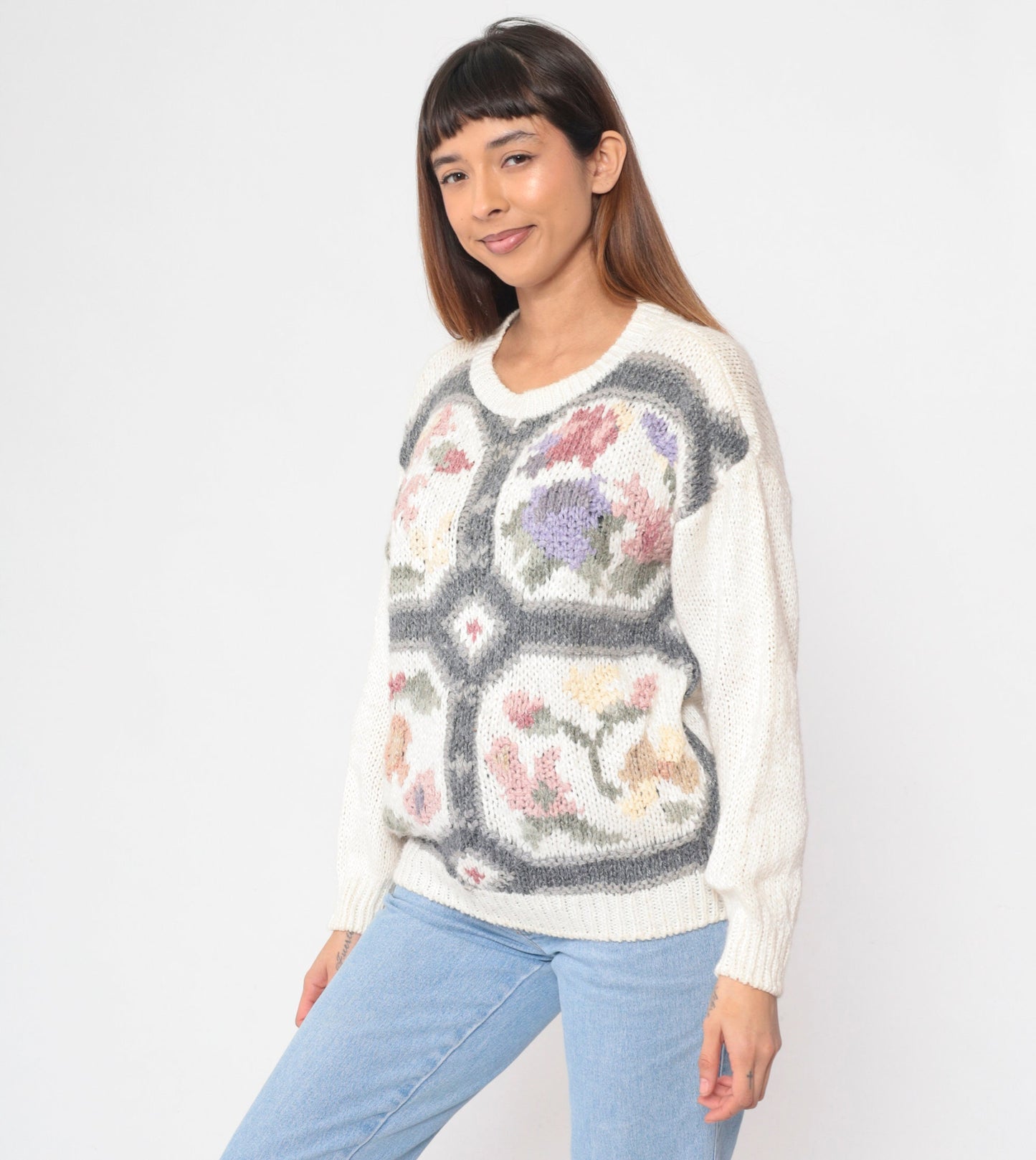 80s White Floral Knit Pullover Sweater Cotton Ramie Small S