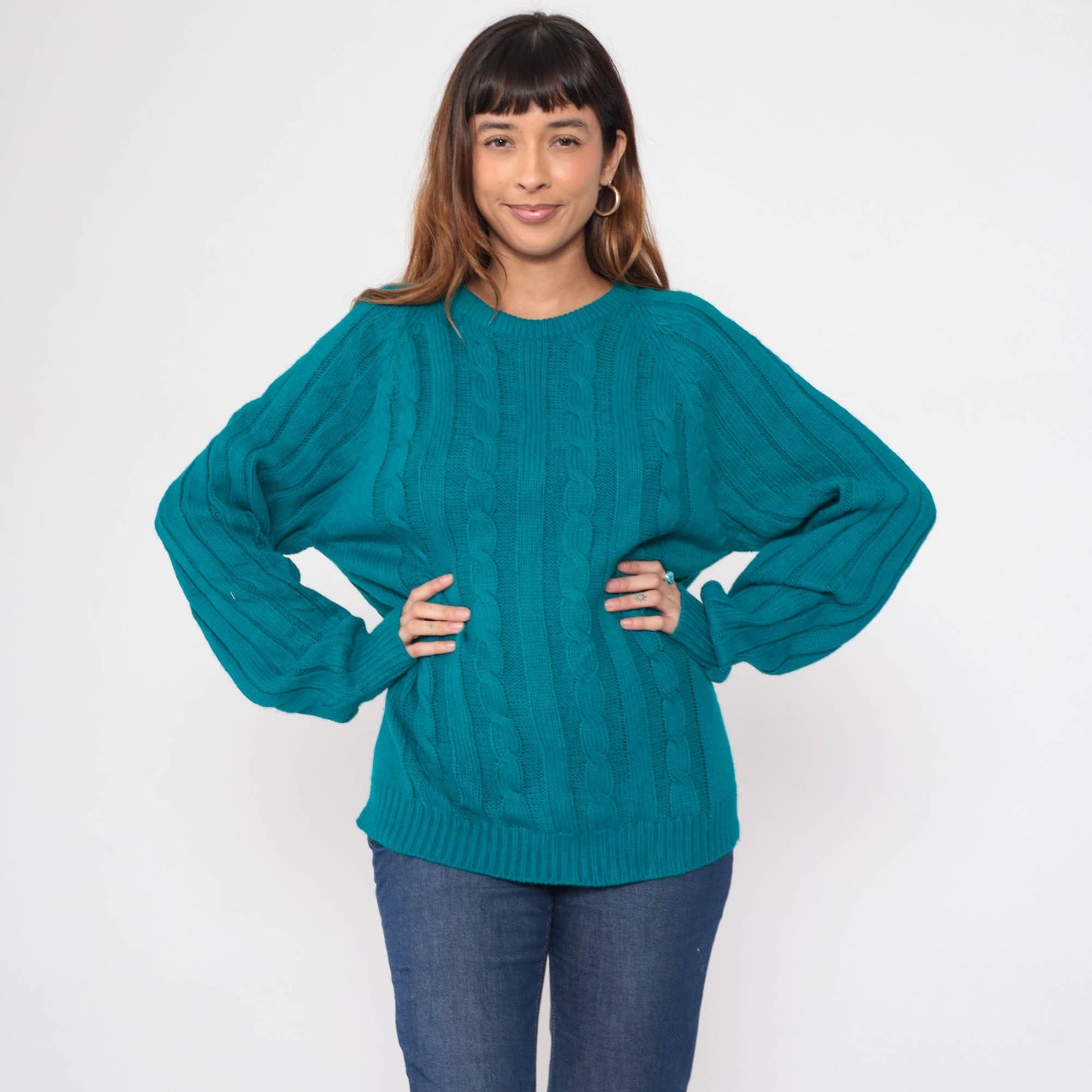 80s Wrangler Teal Cable Knit Crewneck Sweater Raglan Sleeve Medium