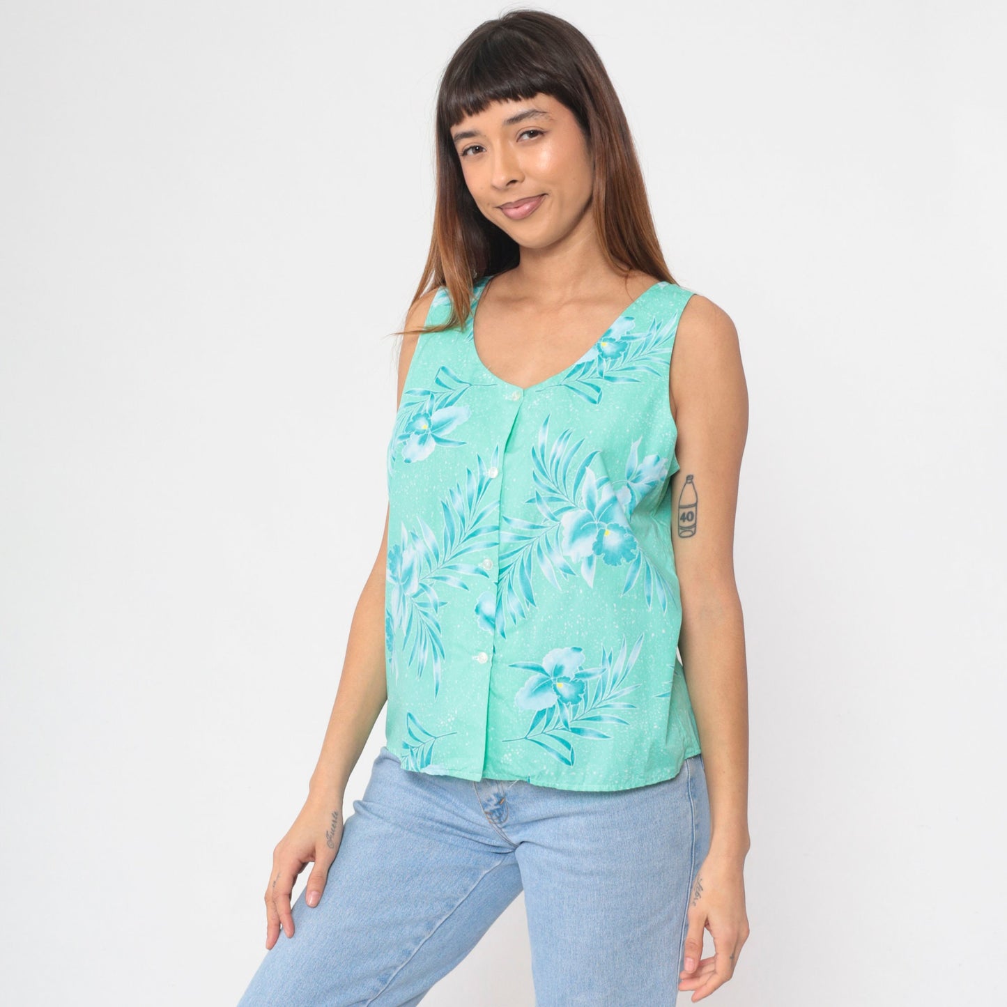 80s Tropical Floral Button-Up Tank Top Turquoise Green Orchid Leaf Print Large