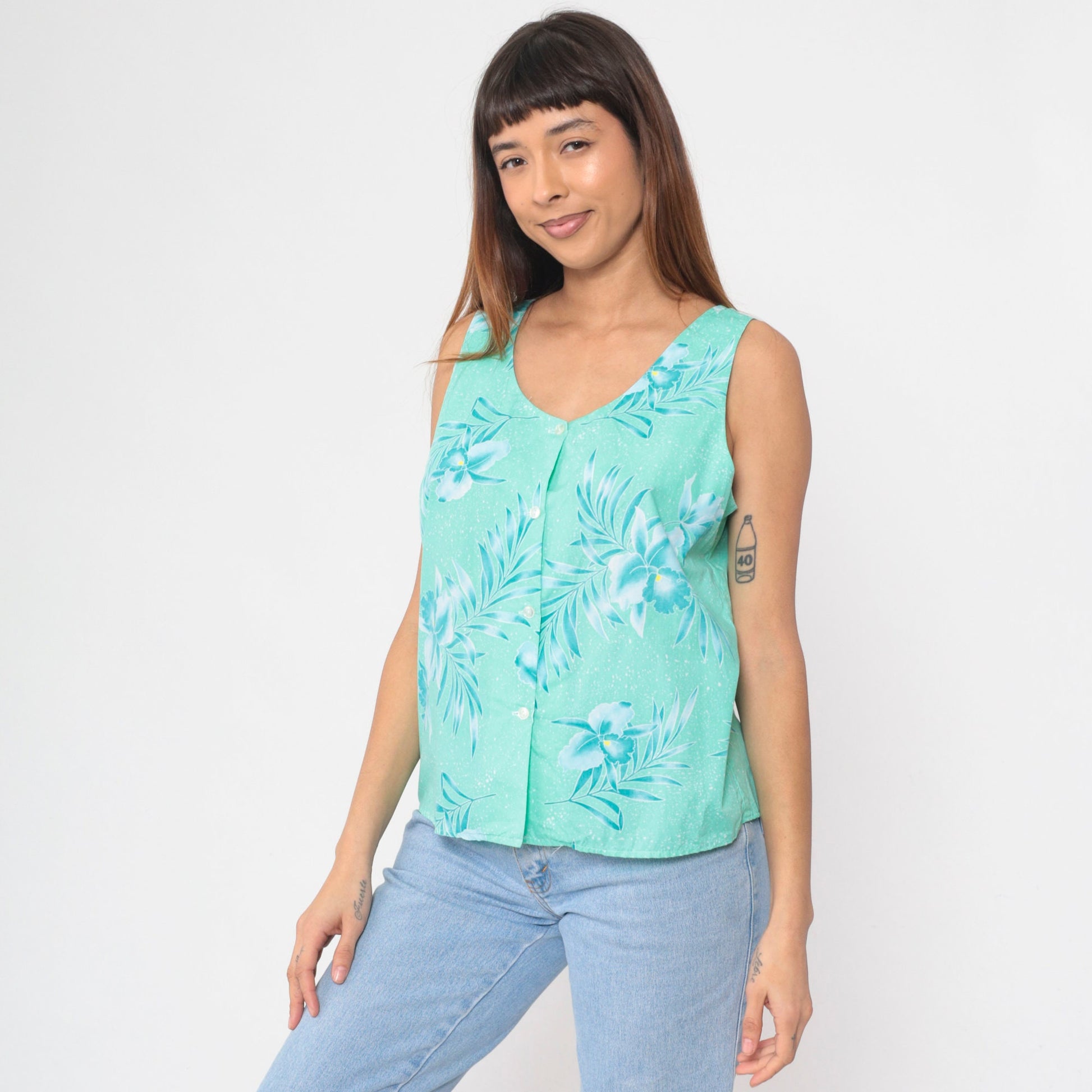 80s Tropical Floral Button-Up Tank Top Turquoise Green Orchid Leaf Print Large