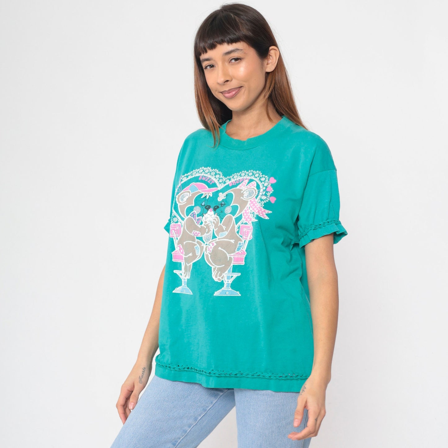 90s Bears in Love Ice Cream Graphic T-Shirt Teal Braided Trim Extra Large XL