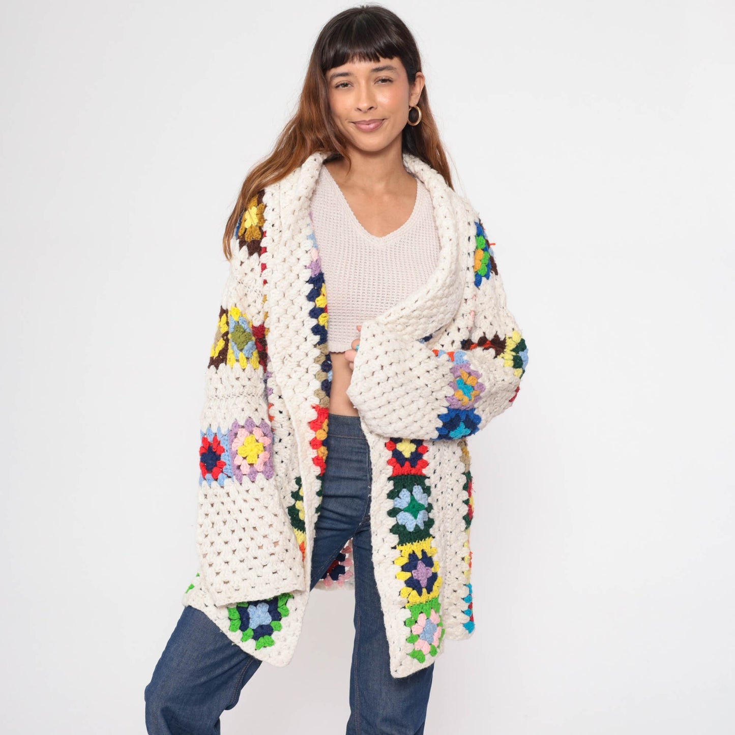 70s Crochet Cardigan Sweater Granny Square Afghan Knit Open Front Off-White Extra Large