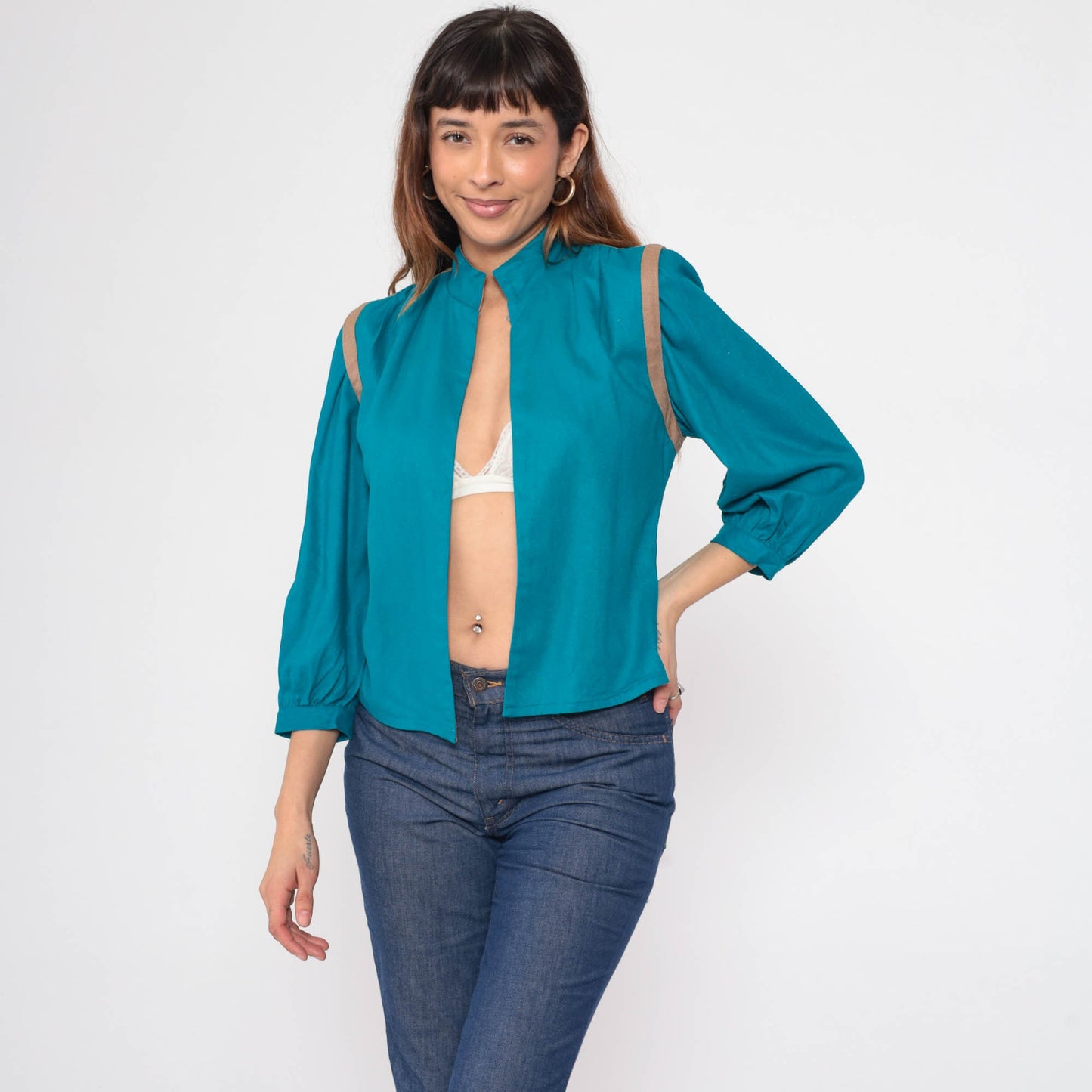 80s Teal Silk Noil Jacket Puff Sleeve Mandarin Collar Open Front Small