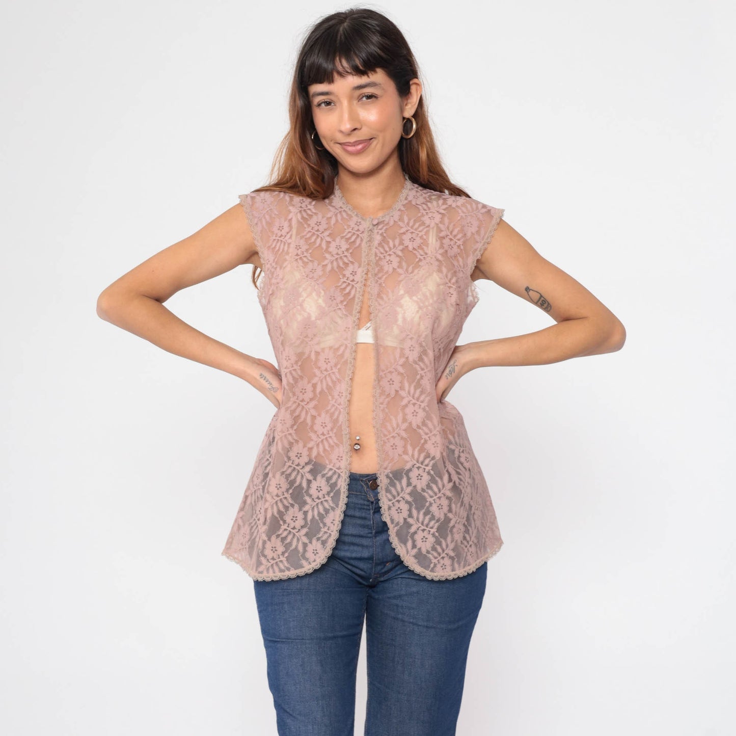 70s Mauve Lace Jacket Cap Sleeve Open Front Blouse Small S