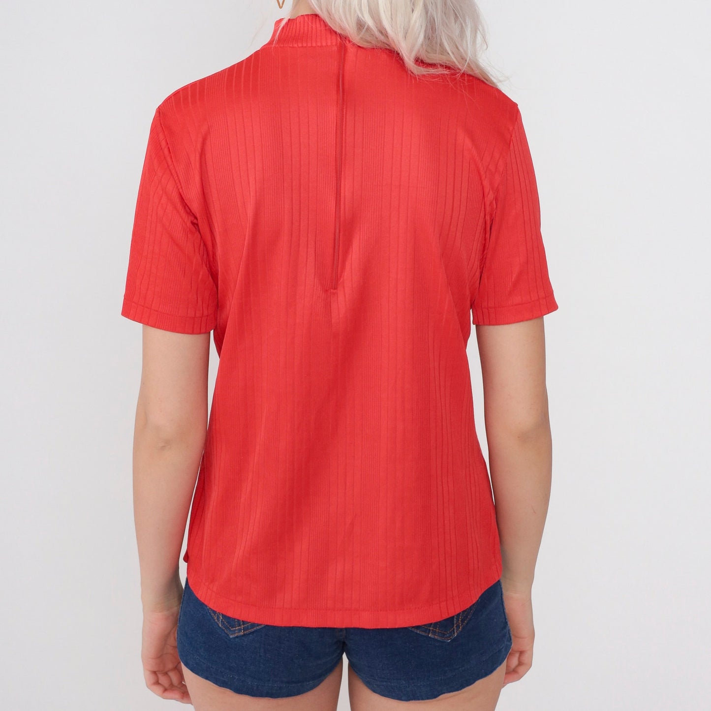 70s Red Mock Neck Ribbed Short Sleeve Blouse Small S