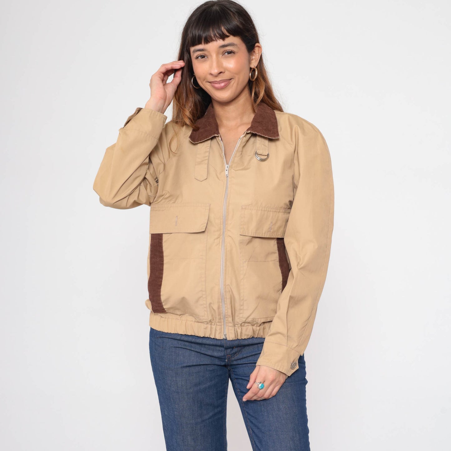 80s Tan Windbreaker Jacket Corduroy Collar Utility Pockets Zip Medium