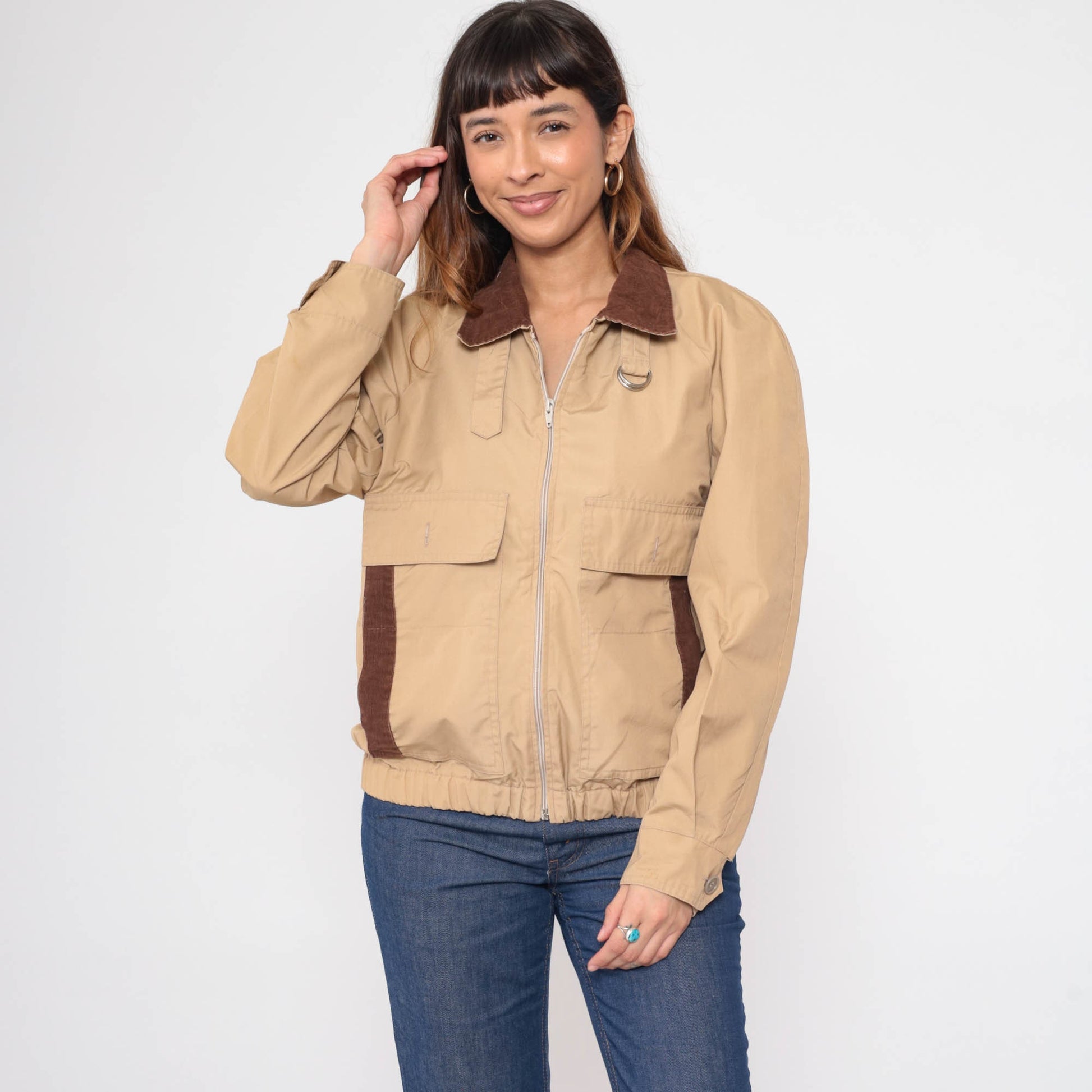 80s Tan Windbreaker Jacket Corduroy Collar Utility Pockets Zip Medium