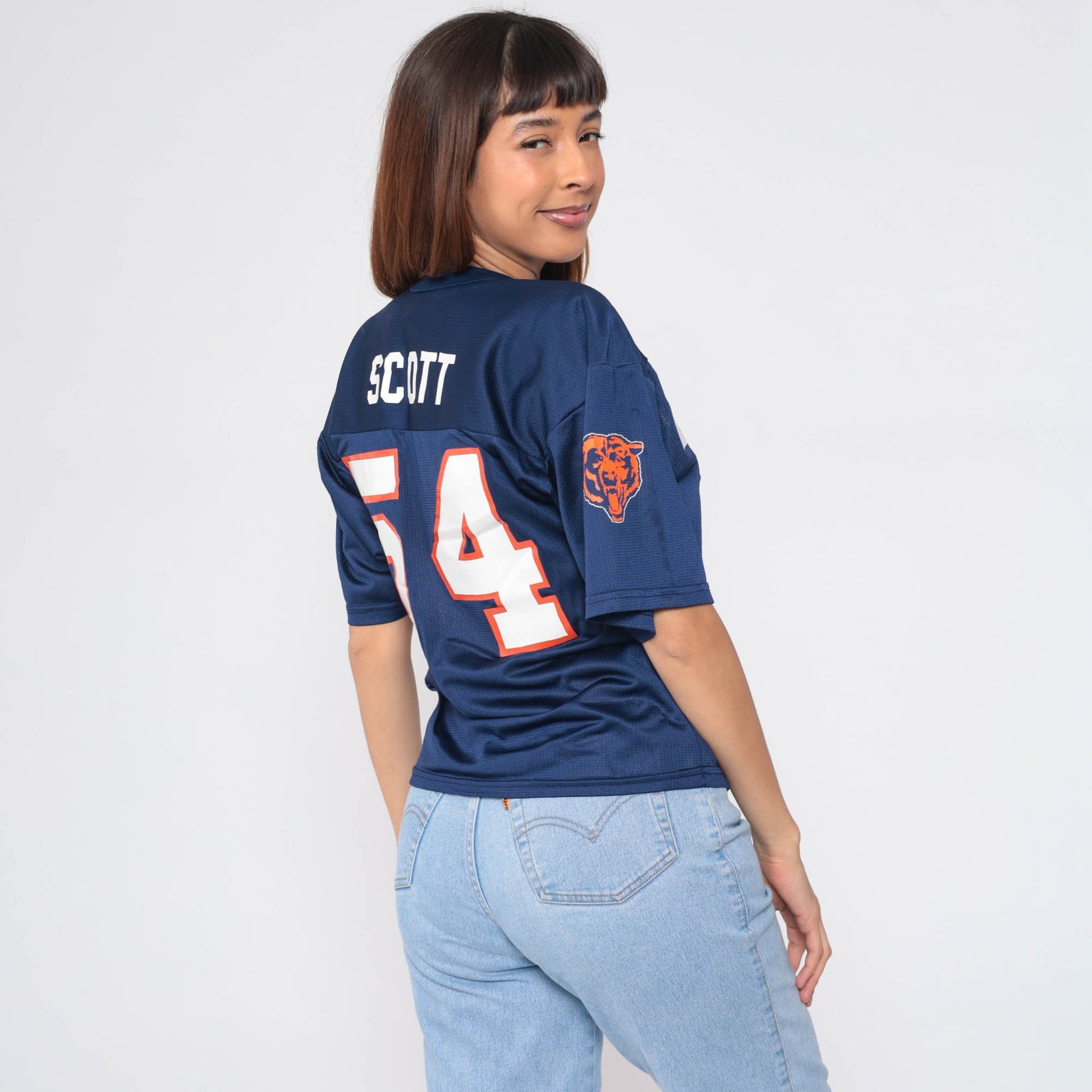 90s Chicago Bears #54 Scott Majestic Football Jersey Navy Nylon Small