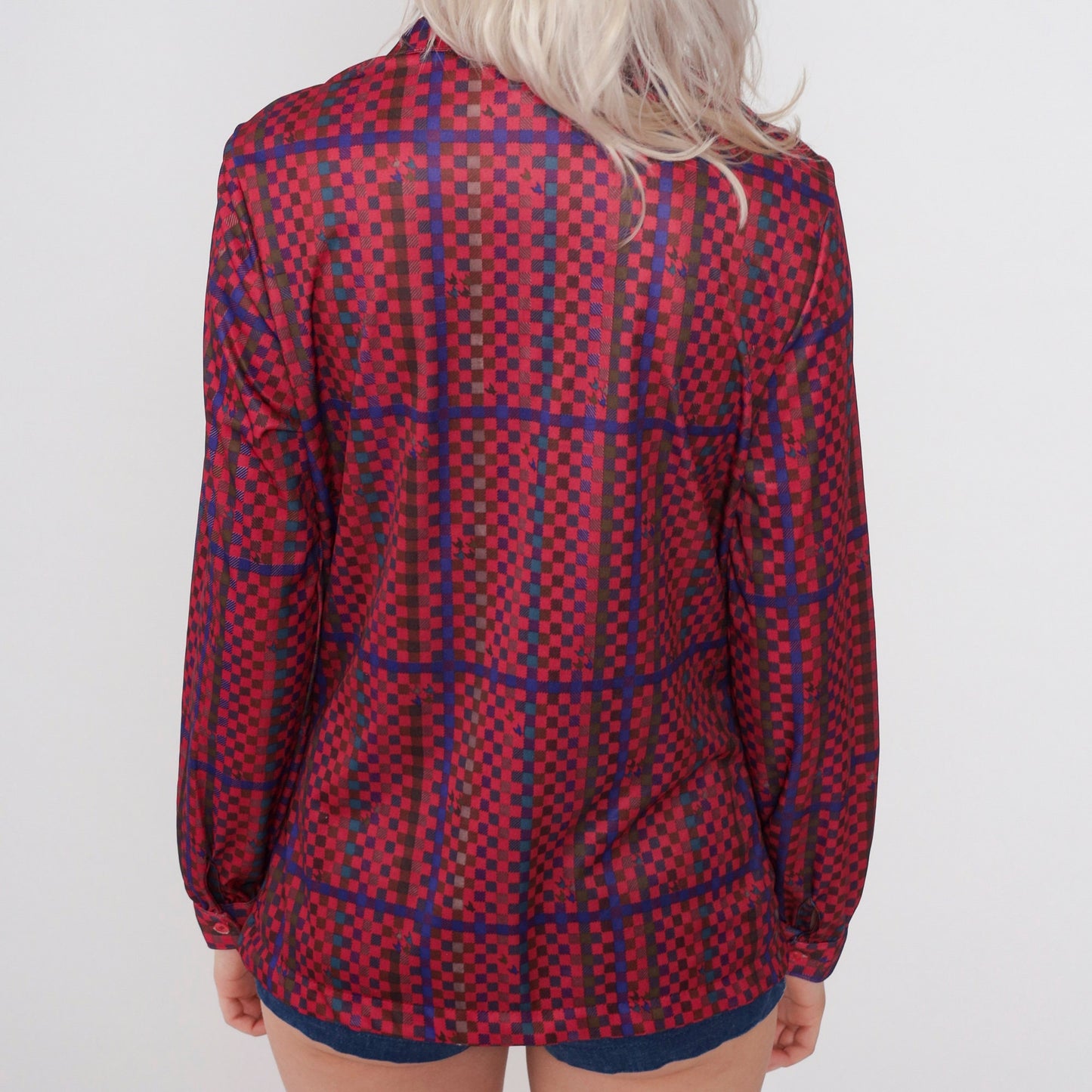 70s Checkered Button-Up Blouse Multicolor Long Sleeve Collared Shirt Medium